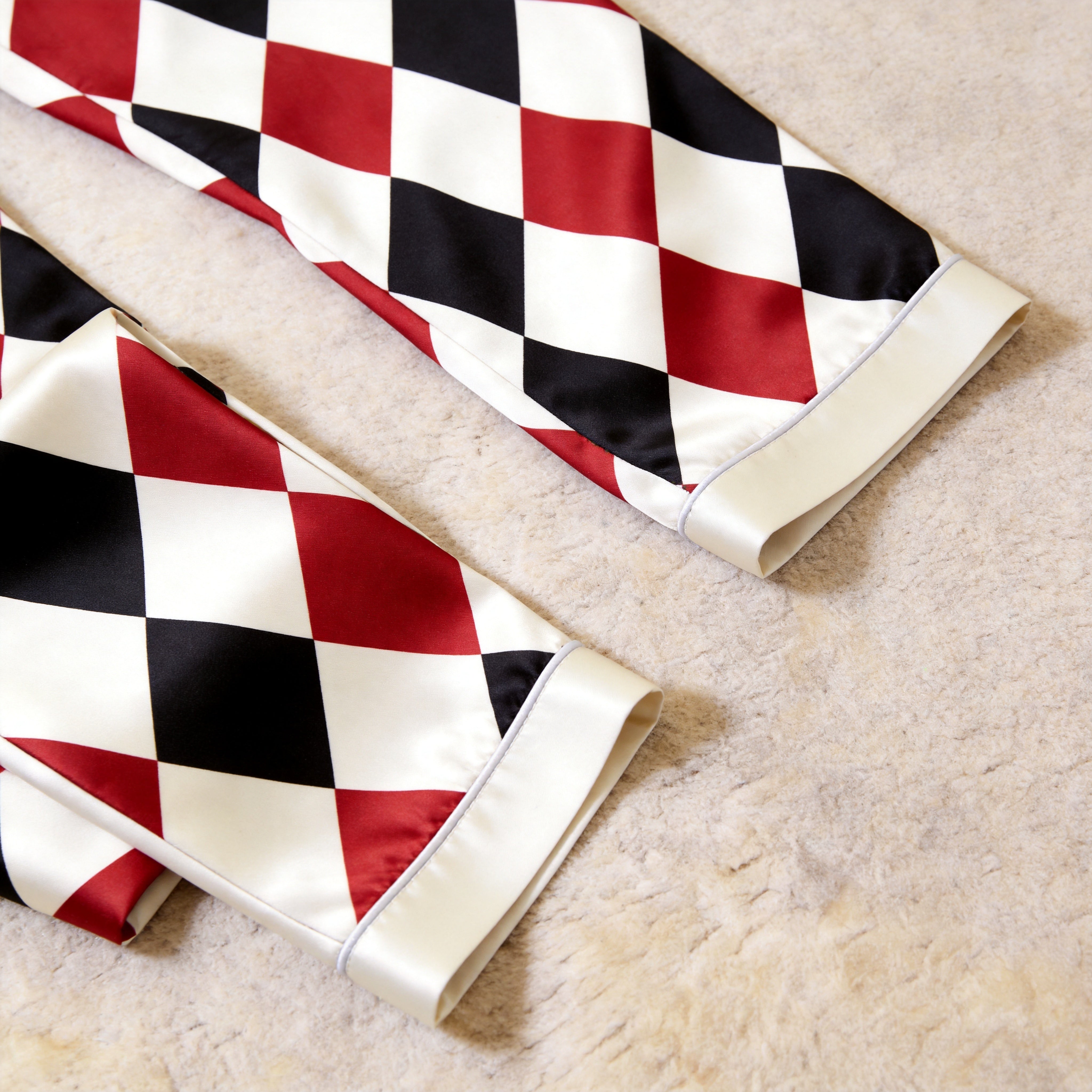Classic Red Black & White Argyle Satin Matching Pajamas for Couples – Long Sleeve Button-Down Top & Pants Sleepwear Set