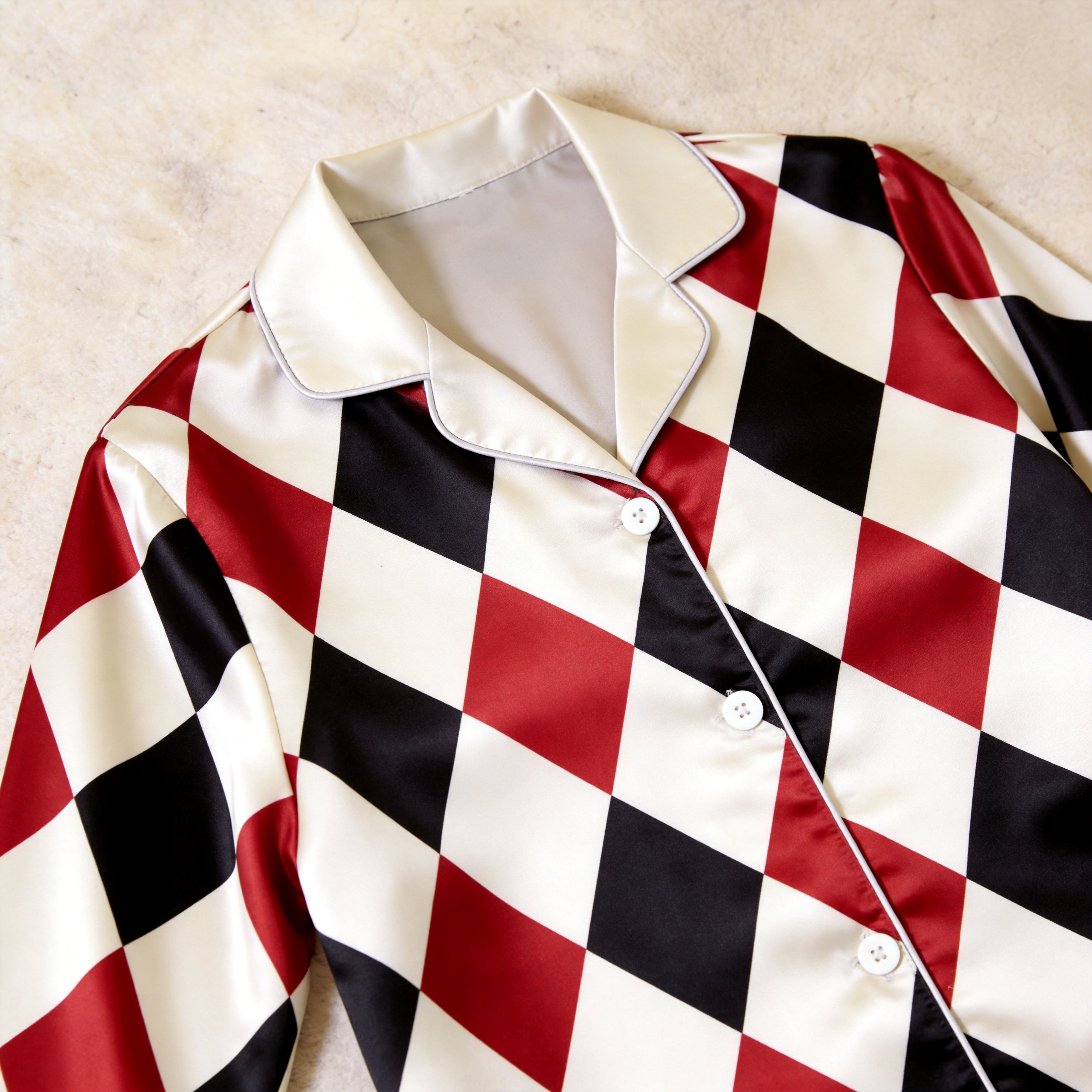 Classic Red Black & White Argyle Satin Matching Pajamas for Couples – Long Sleeve Button-Down Top & Pants Sleepwear Set