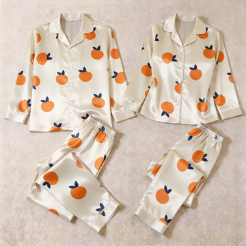 Vibrant Orange Fruit Print Satin Matching Pajamas for Couples – Long Sleeve Button-Down Top & Pants Sleepwear Set