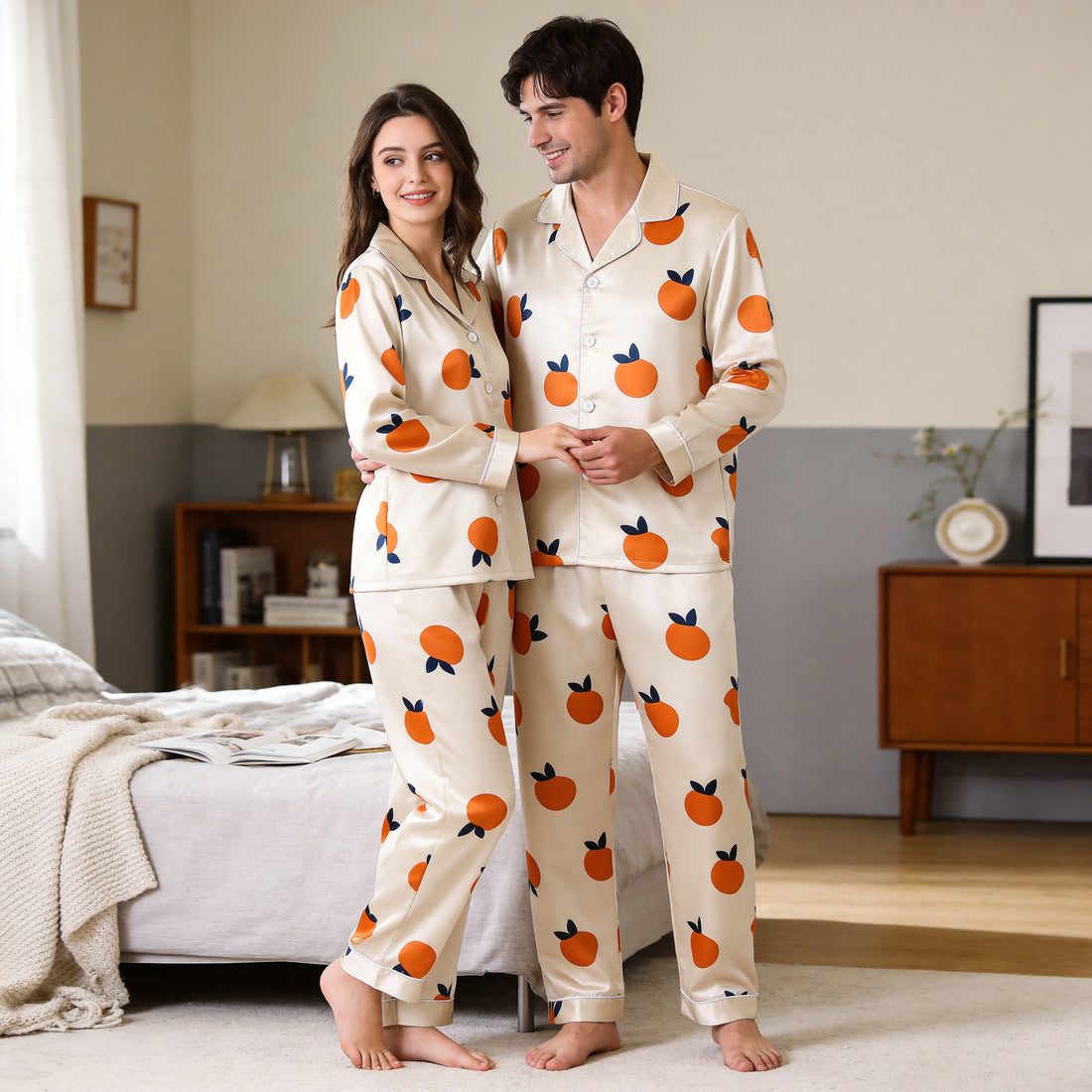Vibrant Orange Fruit Print Satin Matching Pajamas for Couples – Long Sleeve Button-Down Top & Pants Sleepwear Set