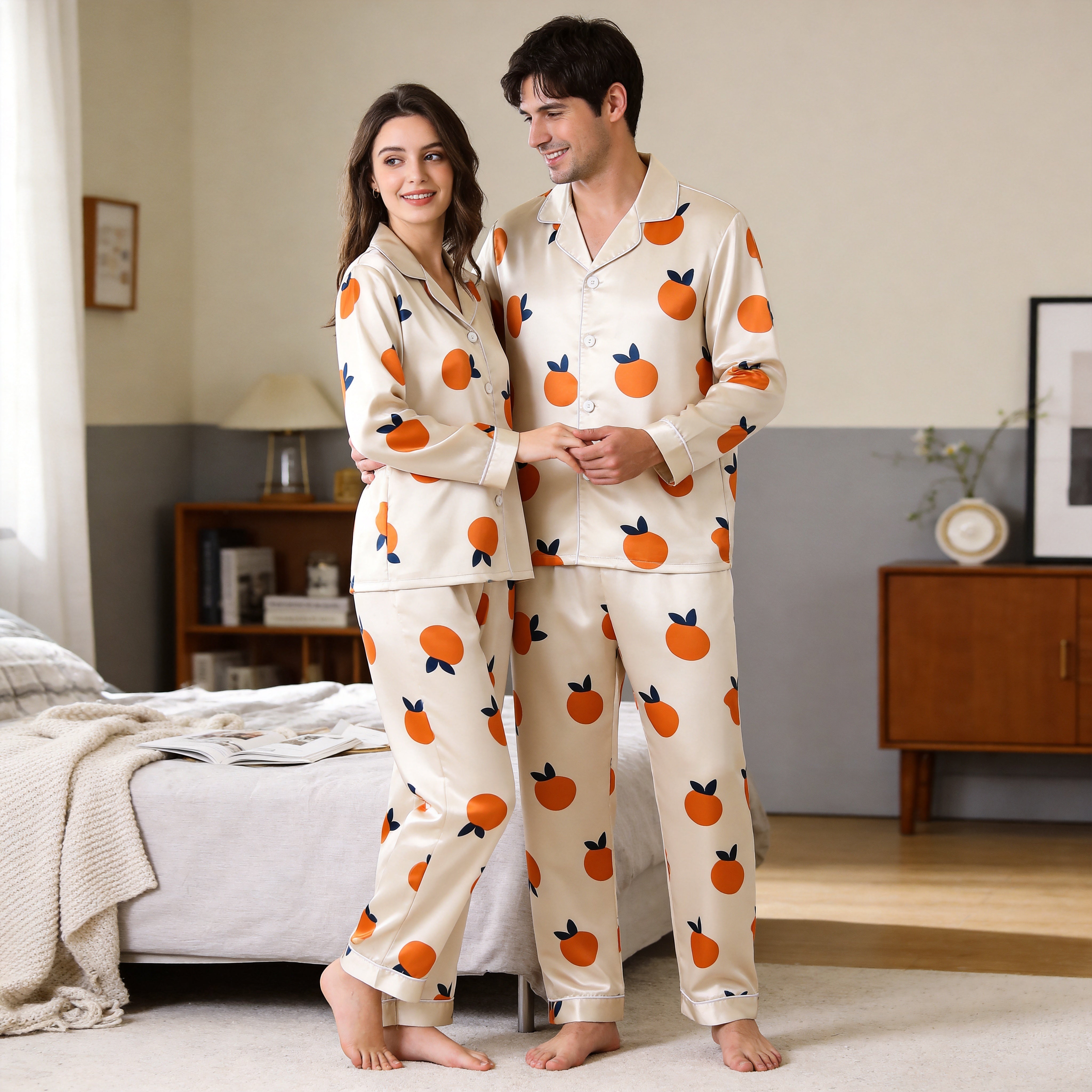 Vibrant Orange Fruit Print Satin Matching Pajamas for Couples – Long Sleeve Button-Down Top & Pants Sleepwear Set