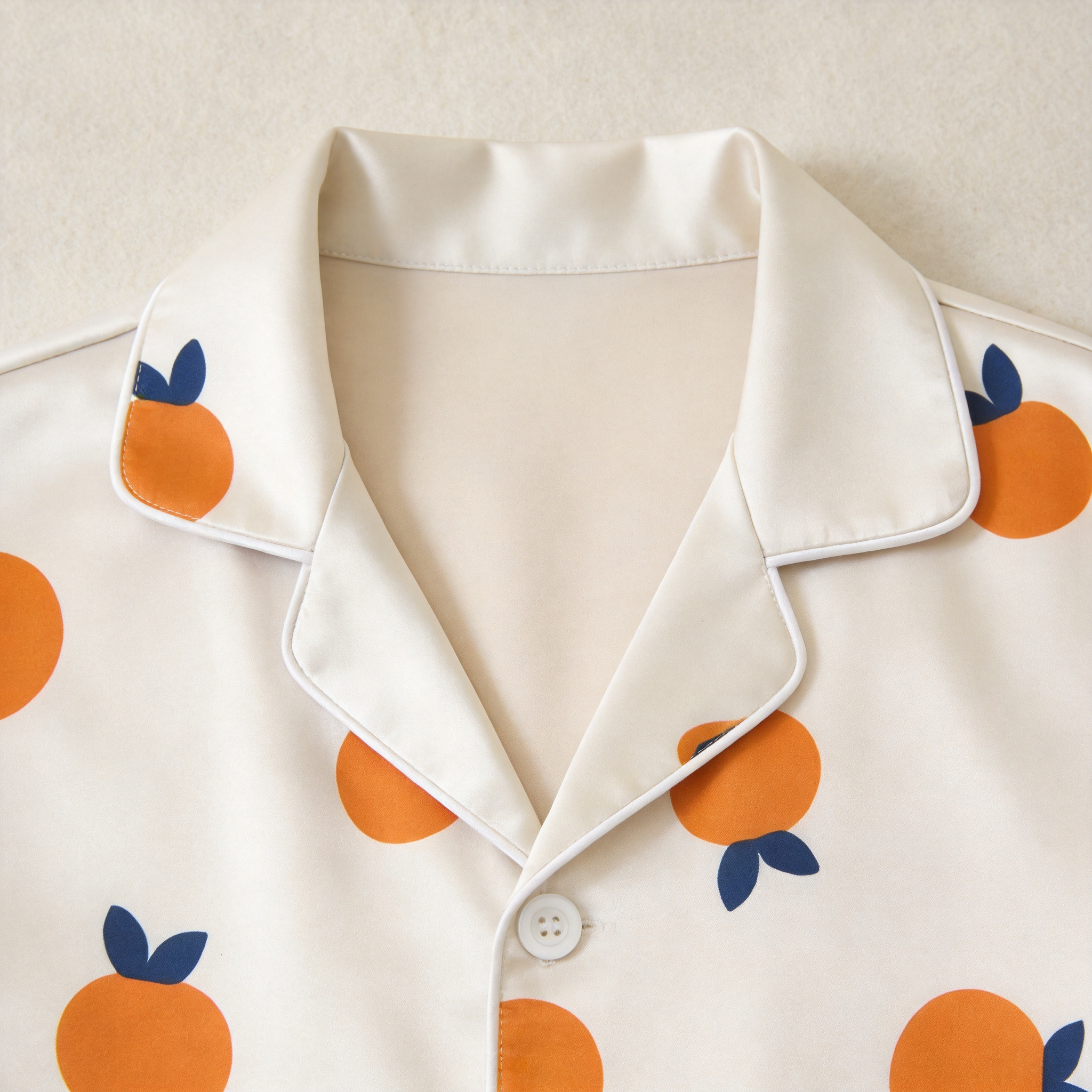 Vibrant Orange Fruit Print Satin Matching Pajamas for Couples – Long Sleeve Button-Down Top & Pants Sleepwear Set