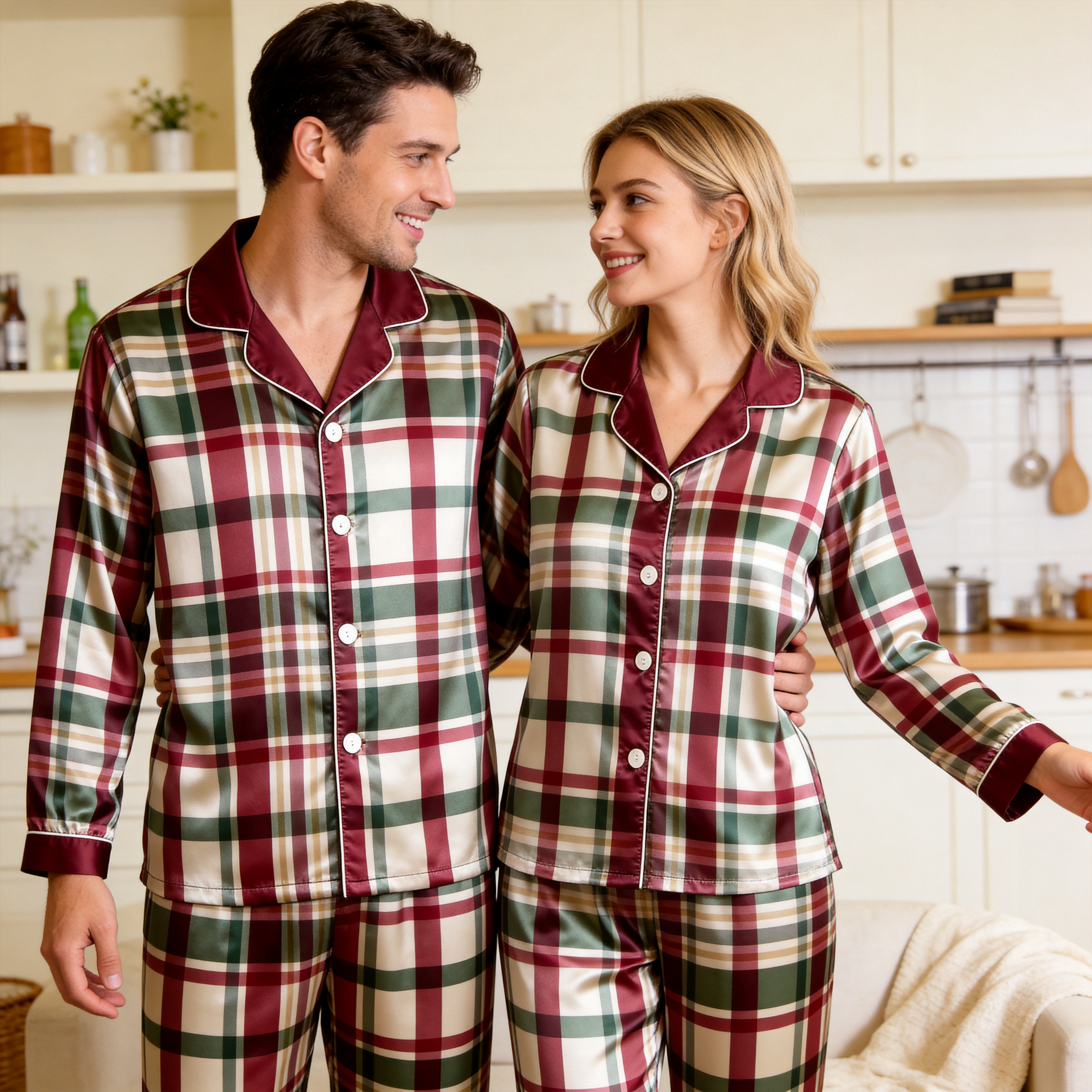 Classic Burgundy & Green Plaid Satin Matching Pajamas for Couples – Long Sleeve Button-Down Top & Pants Sleepwear Set
