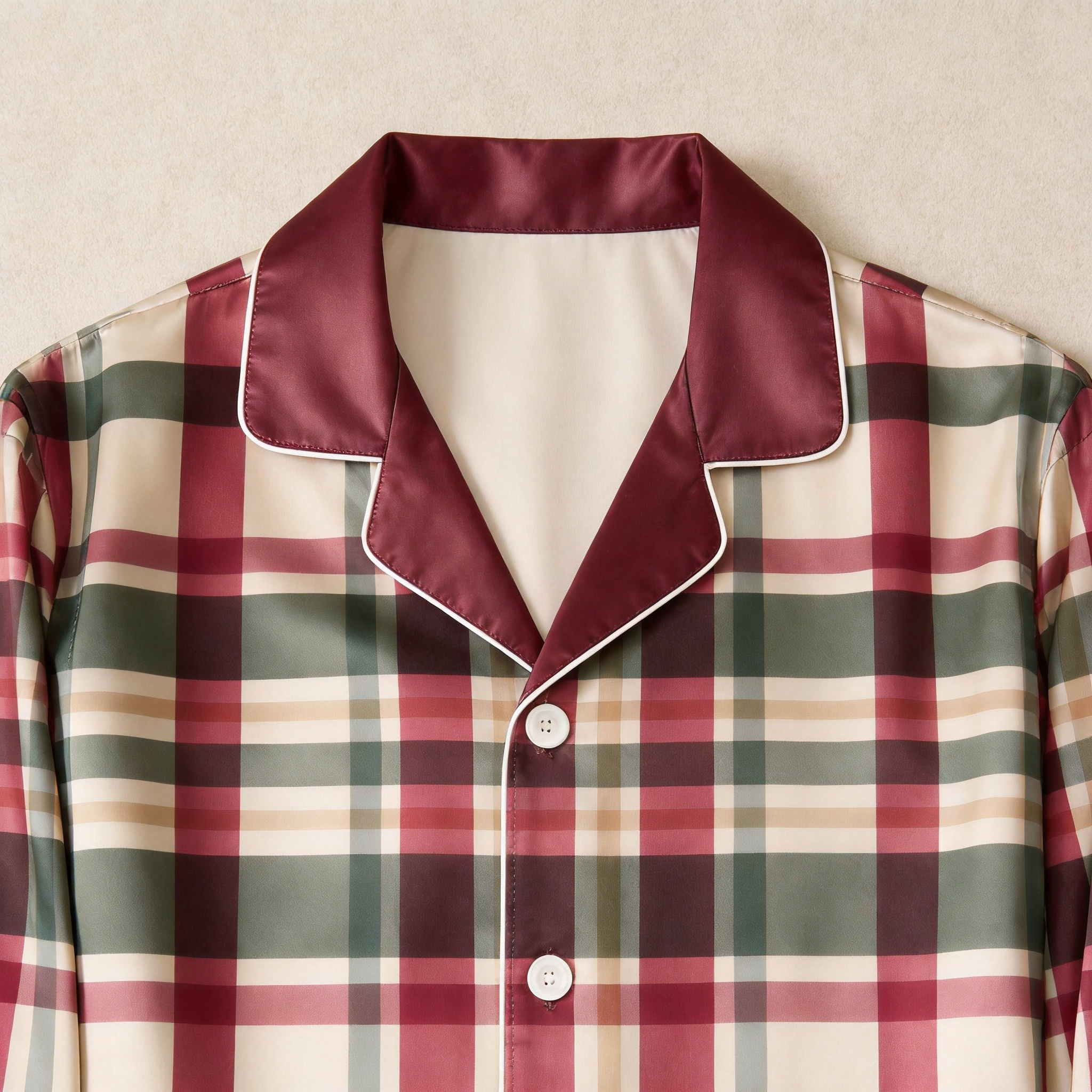 Classic Burgundy & Green Plaid Satin Matching Pajamas for Couples – Long Sleeve Button-Down Top & Pants Sleepwear Set