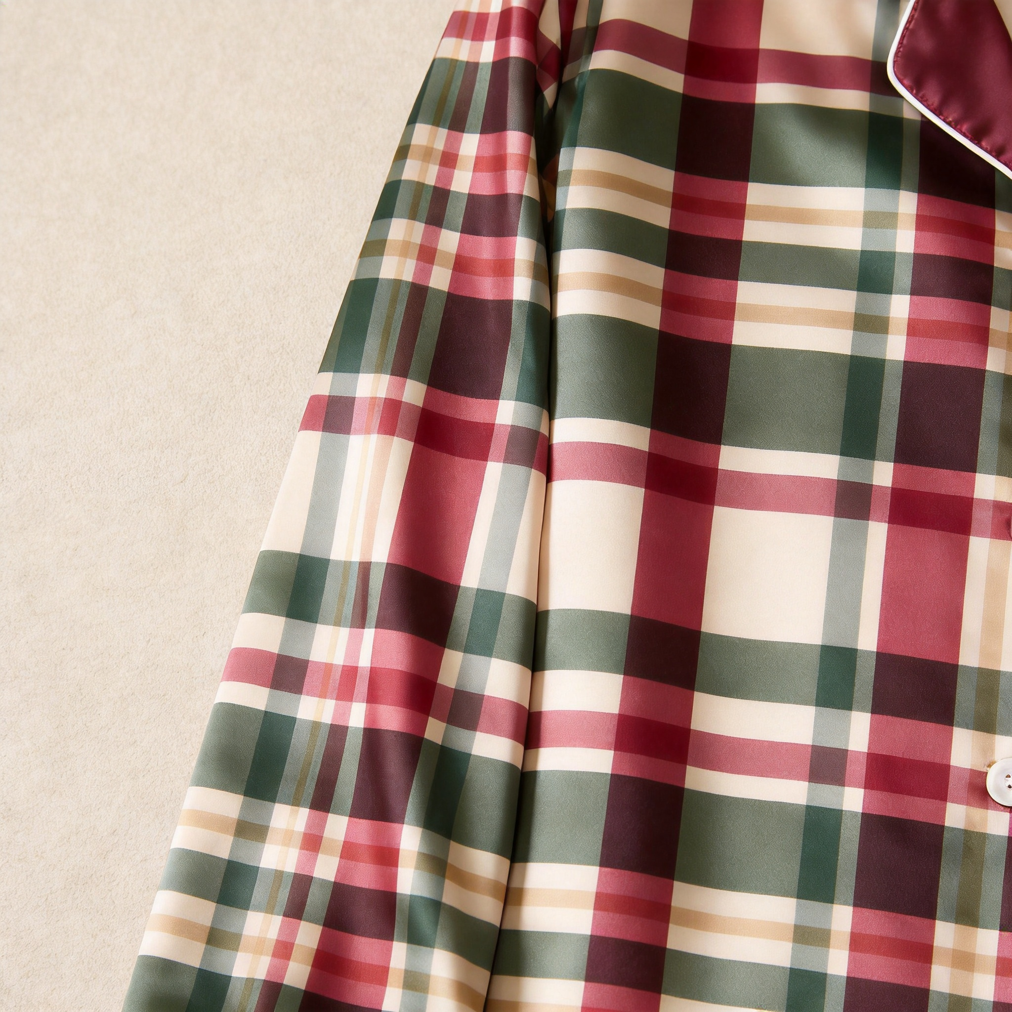 Classic Burgundy & Green Plaid Satin Matching Pajamas for Couples – Long Sleeve Button-Down Top & Pants Sleepwear Set