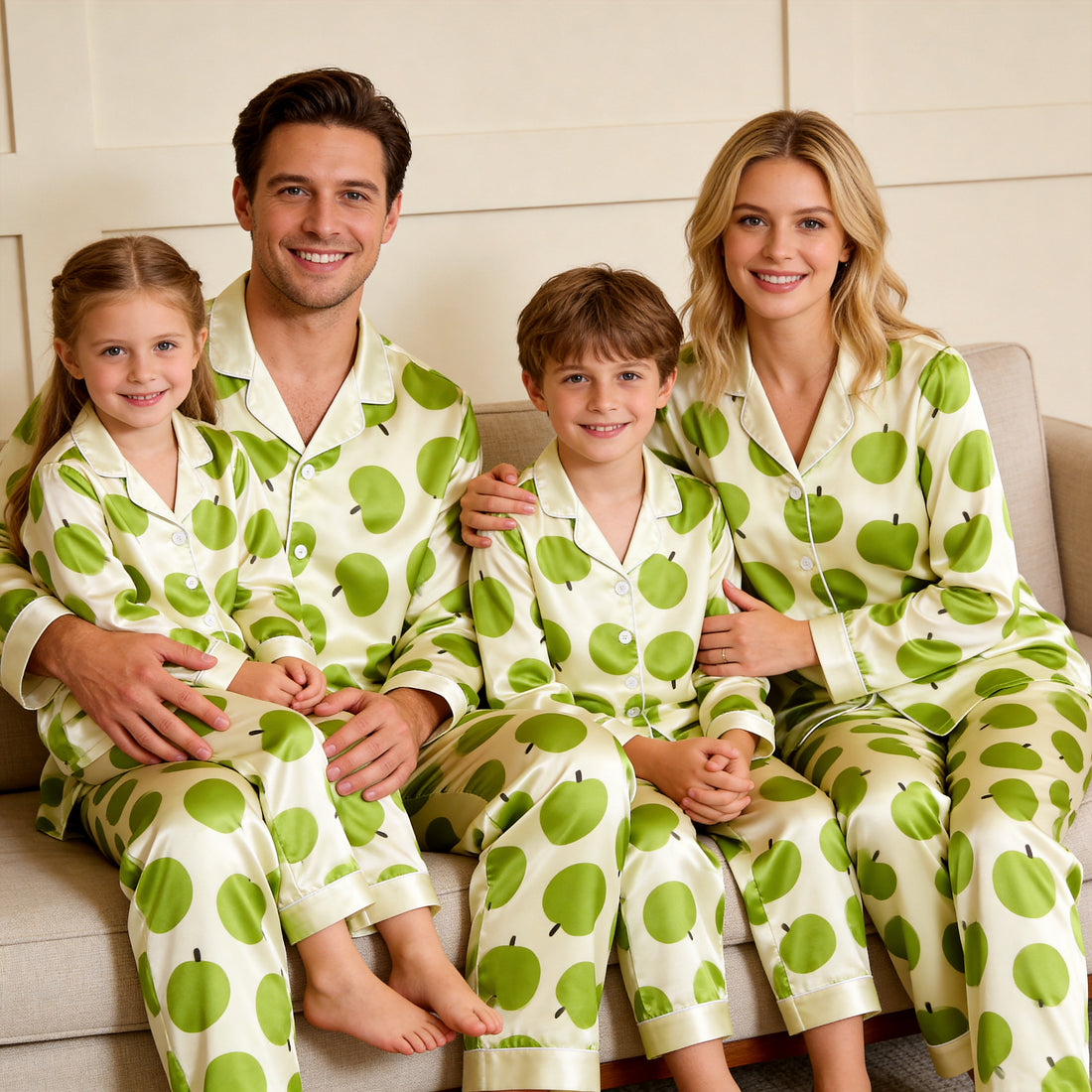 Green Apple Print Satin Button-Up Family Pajamas Set