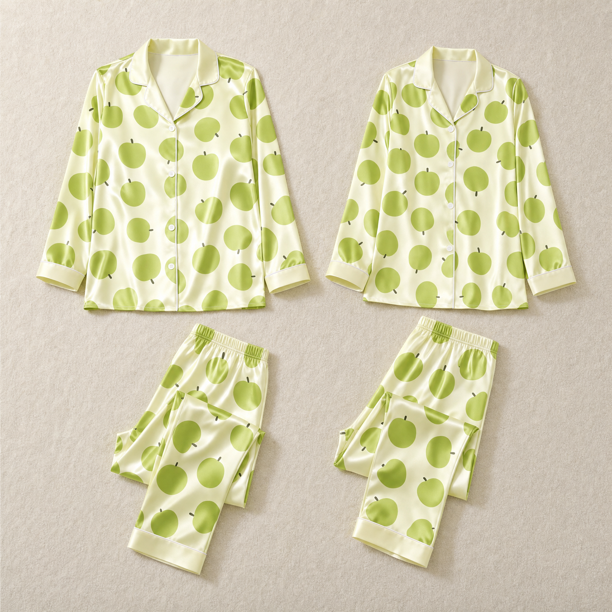 Fresh Green Apple Print Satin Matching Pajamas for Couples – Long Sleeve Button-Down Top & Pants Sleepwear Set