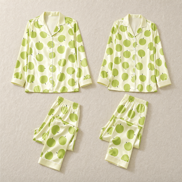 Fresh Green Apple Print Satin Matching Pajamas for Couples – Long Sleeve Button-Down Top & Pants Sleepwear Set