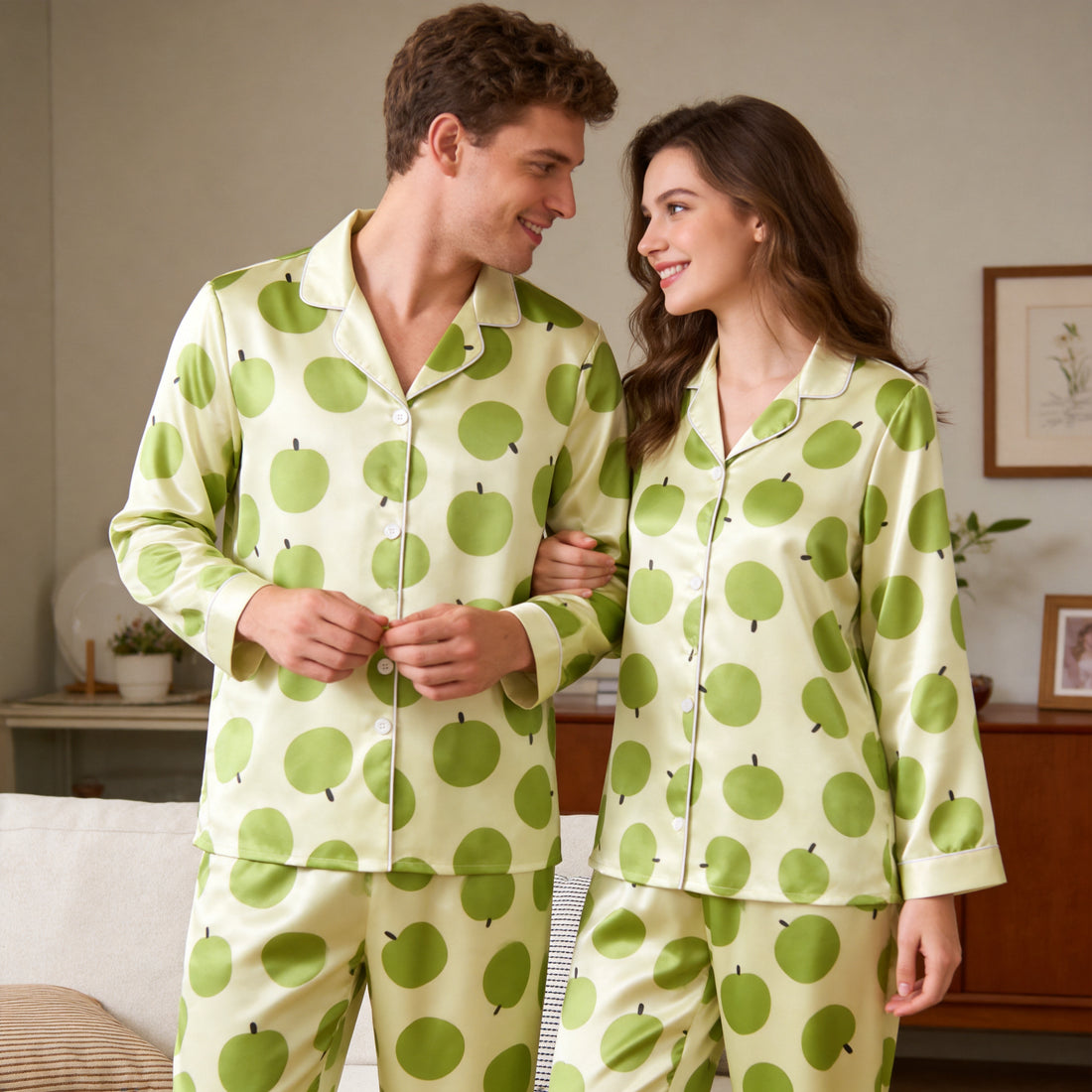 Fresh Green Apple Print Satin Matching Pajamas for Couples – Long Sleeve Button-Down Top & Pants Sleepwear Set