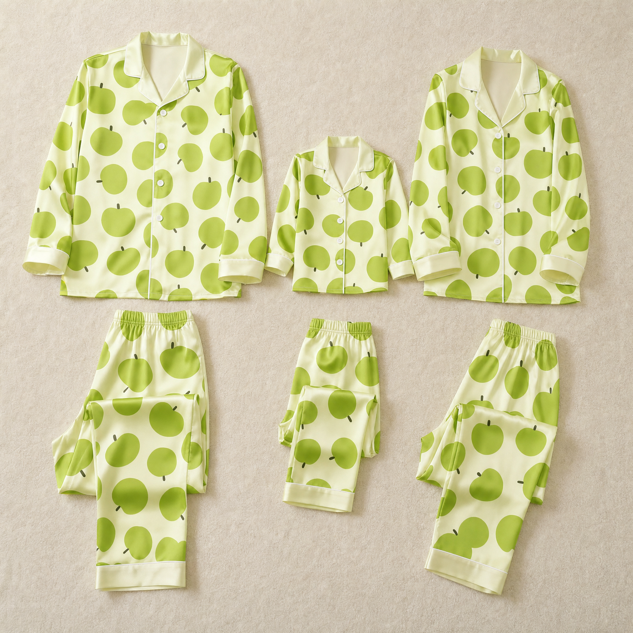 Green Apple Print Satin Button-Up Family Pajamas Set