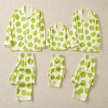 Green Apple Print Satin Button-Up Family Pajamas Set