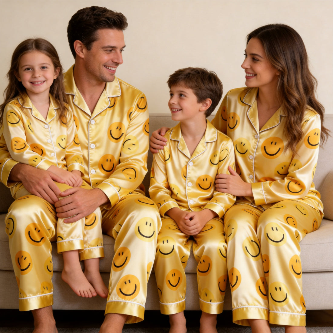 Yellow Smiley Face Print Satin Button-Up Family Pajamas Set