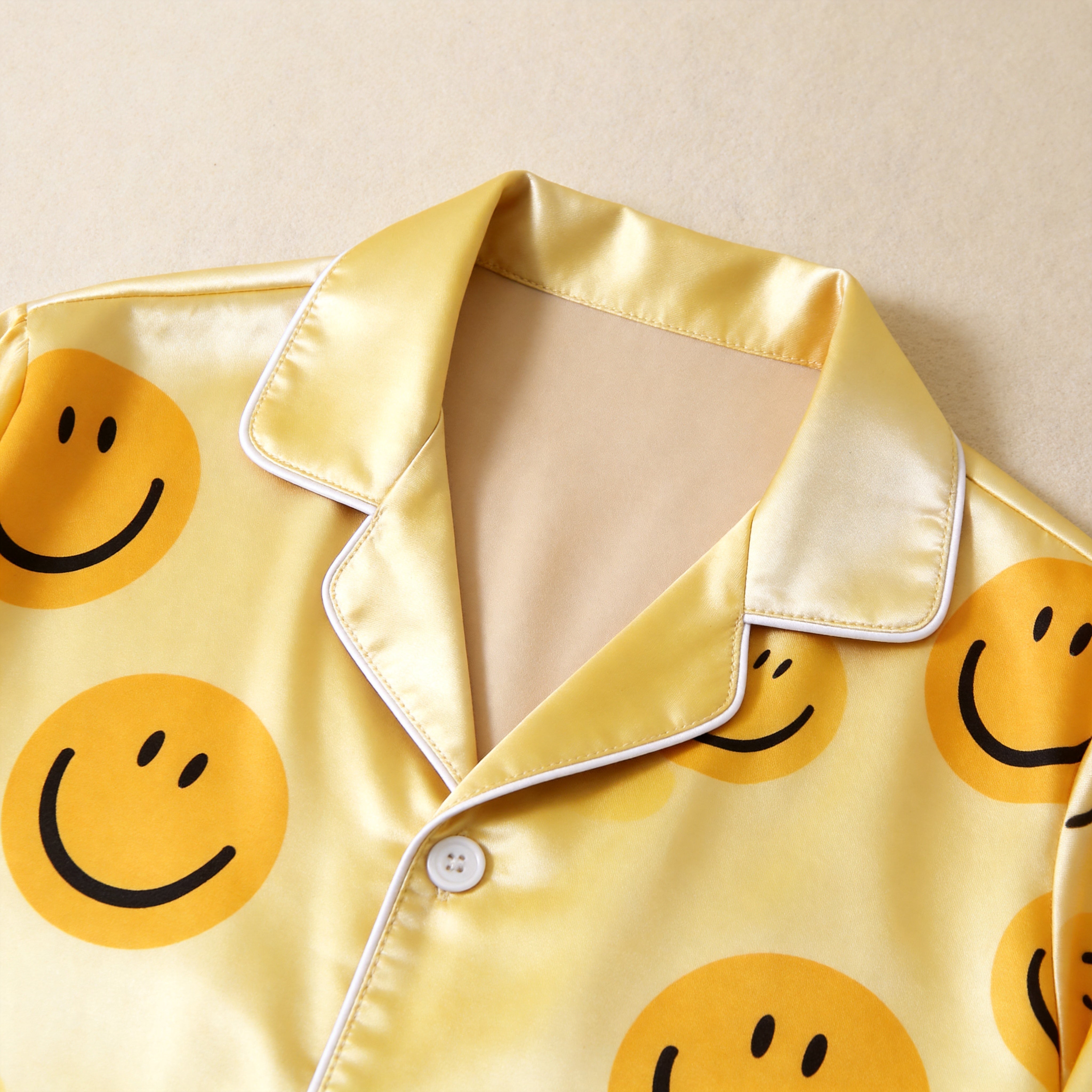 Cheerful Yellow Smiley Face Print Satin Matching Pajamas for Couples – Long Sleeve Button-Down Top & Pants Sleepwear Set