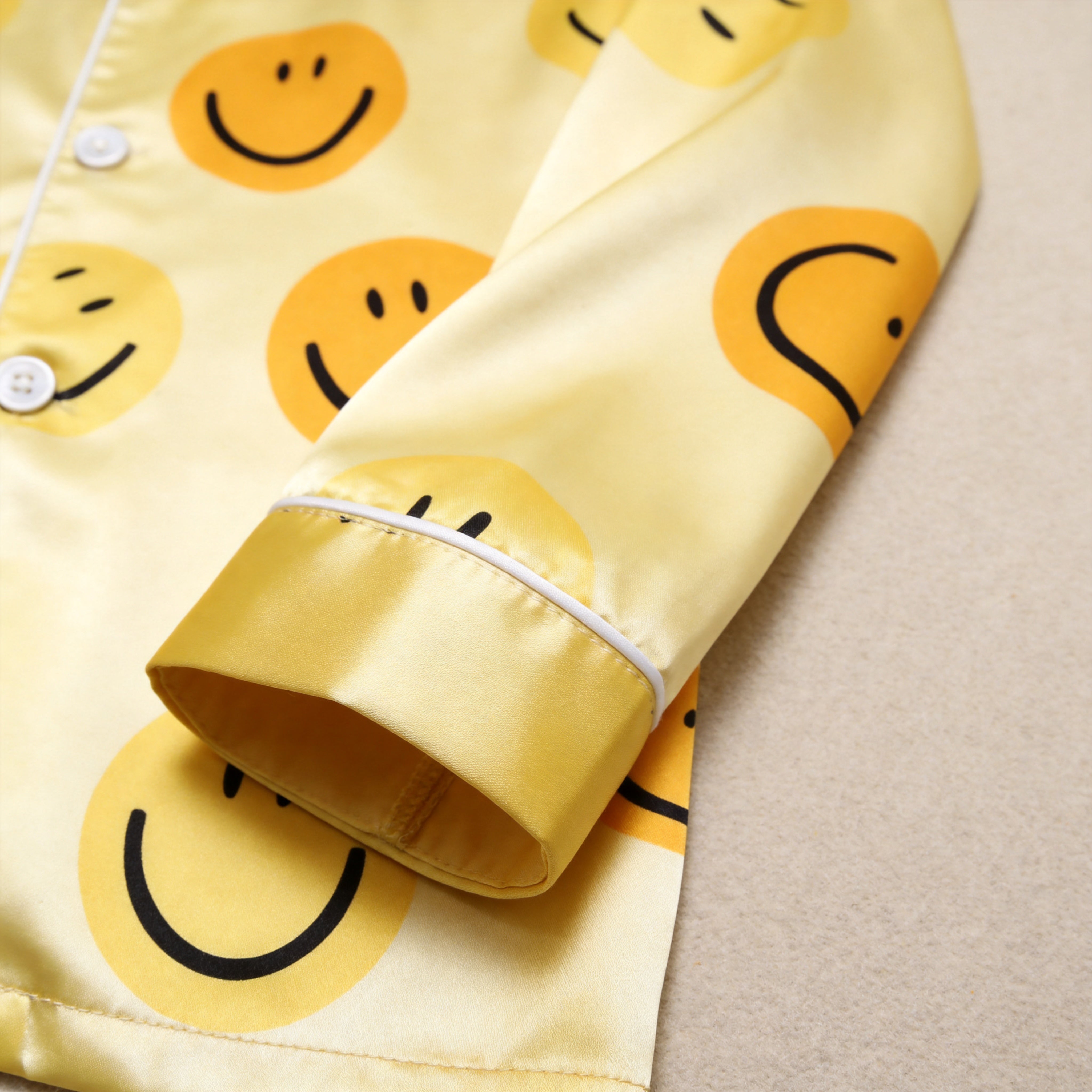 Cheerful Yellow Smiley Face Print Satin Matching Pajamas for Couples – Long Sleeve Button-Down Top & Pants Sleepwear Set