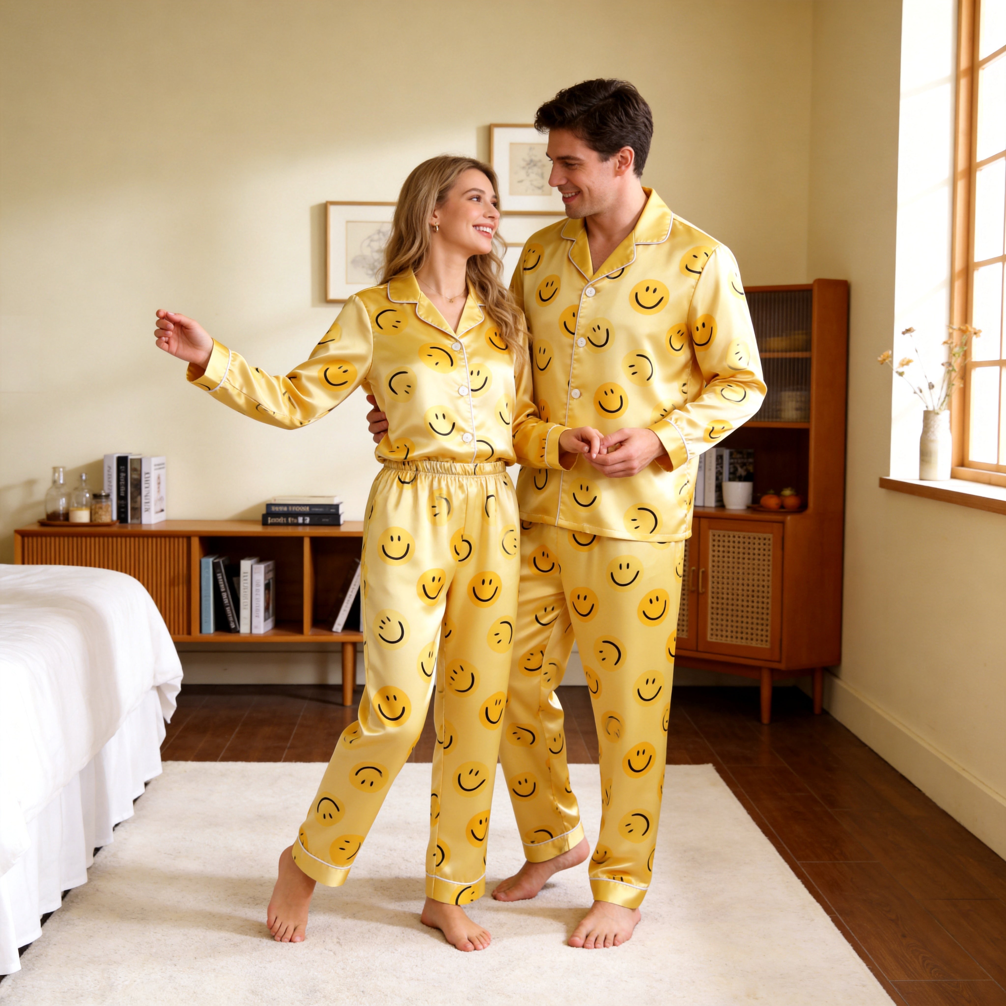 Cheerful Yellow Smiley Face Print Satin Matching Pajamas for Couples – Long Sleeve Button-Down Top & Pants Sleepwear Set