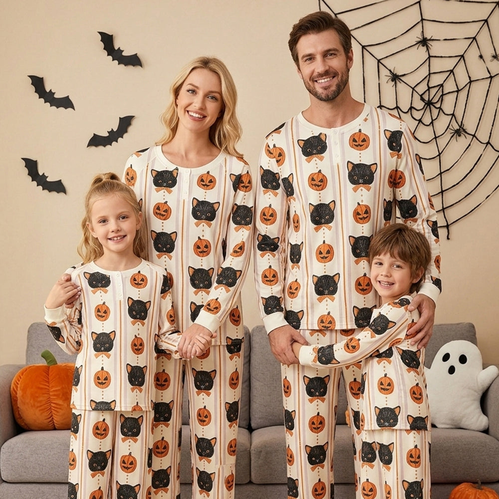 Cute Halloween Black Cat & Jack-O'-Lantern Print Matching Family Pajama Set, Long Sleeve Henley Cotton Loungewear