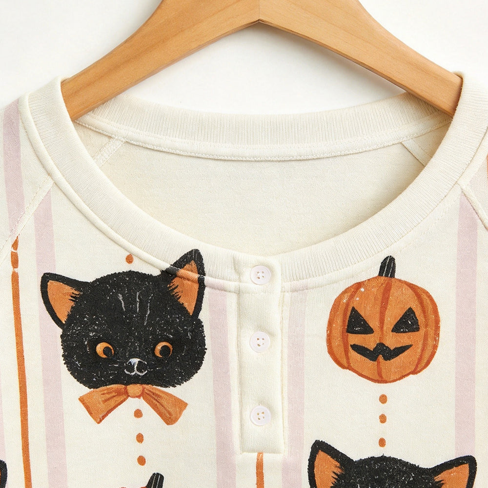 Cute Halloween Black Cat & Jack-O'-Lantern Print Matching Family Pajama Set, Long Sleeve Henley Cotton Loungewear