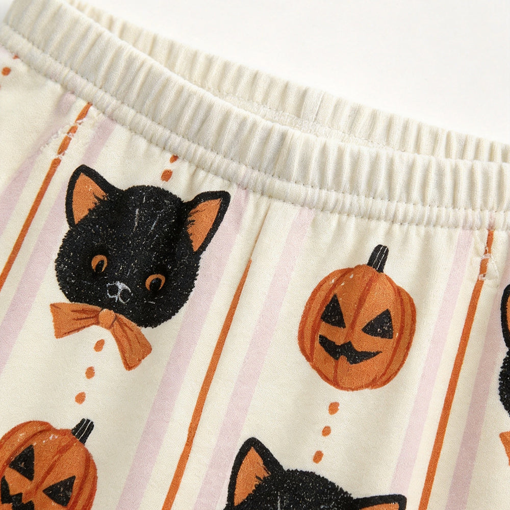 Cute Halloween Black Cat & Jack-O'-Lantern Print Matching Family Pajama Set, Long Sleeve Henley Cotton Loungewear