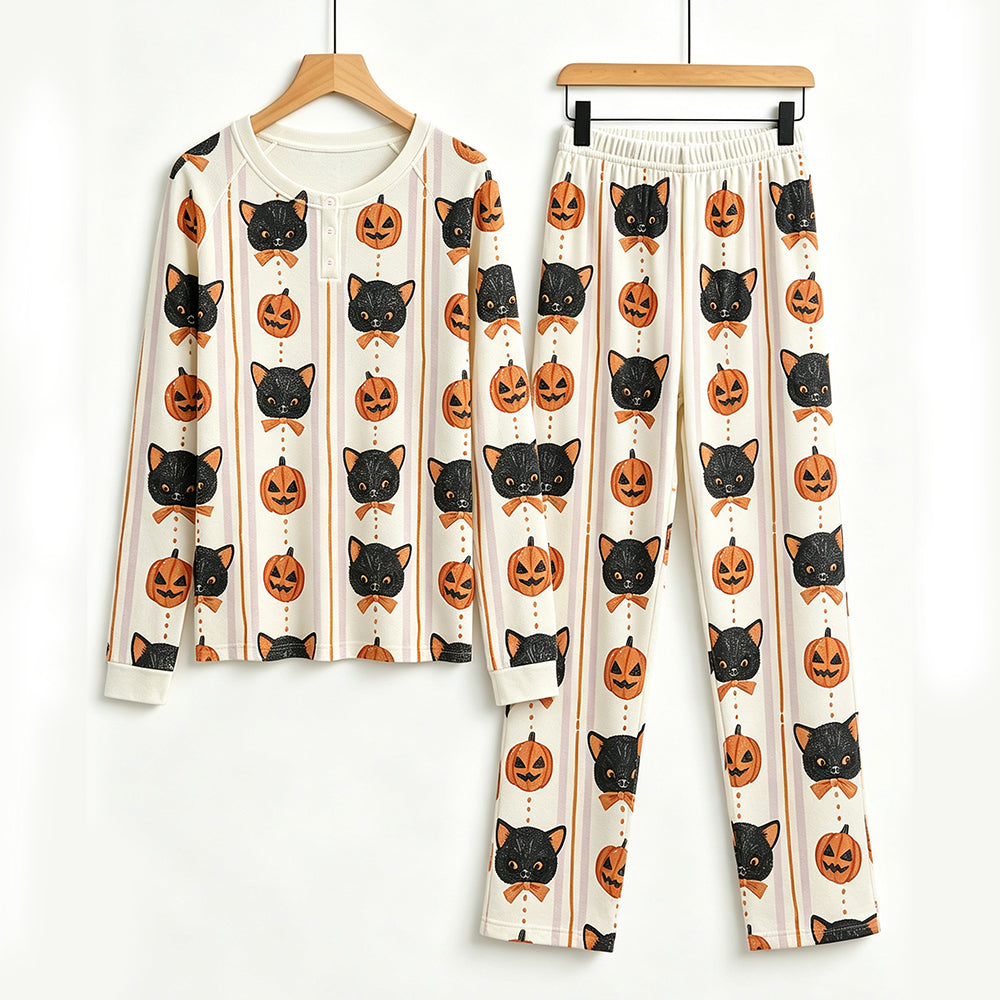 Cute Halloween Black Cat & Jack-O'-Lantern Print Matching Family Pajama Set, Long Sleeve Henley Cotton Loungewear