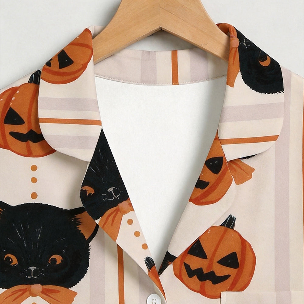 Cute Halloween Black Cat & Jack-o'-Lantern Print Matching Family Pajama Set, Button-Down Cotton Loungewear