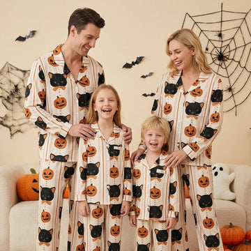 Cute Halloween Black Cat & Jack-o'-Lantern Print Matching Family Pajama Set, Button-Down Cotton Loungewear