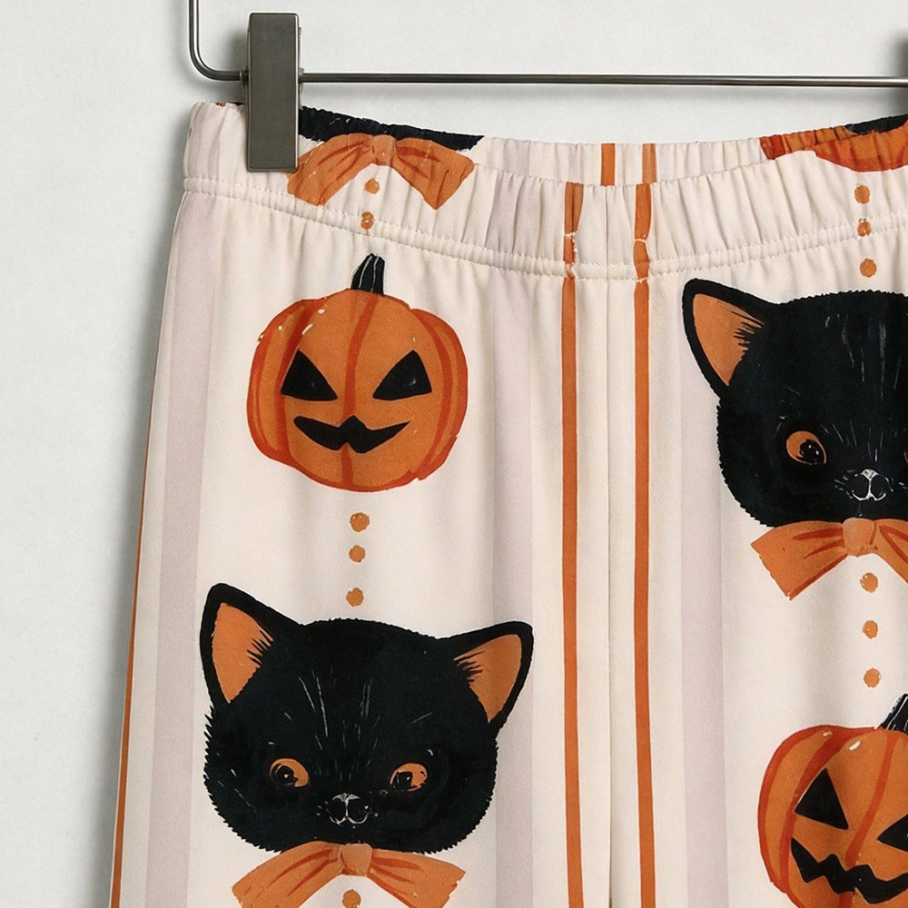 Cute Halloween Black Cat & Jack-o'-Lantern Print Matching Family Pajama Set, Button-Down Cotton Loungewear