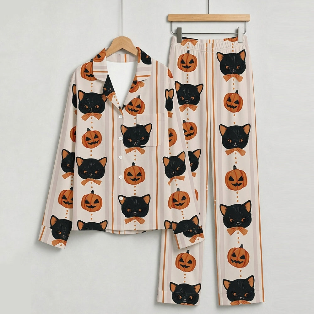 Cute Halloween Black Cat & Jack-o'-Lantern Print Matching Family Pajama Set, Button-Down Cotton Loungewear