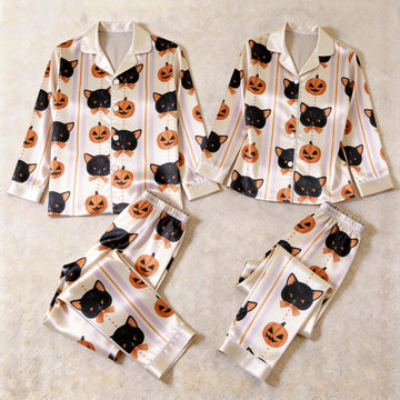 Spooky Halloween Black Cat & Pumpkin Print Satin Matching Pajamas for Couples – Long Sleeve Button-Down Top & Pants Sleepwear Set
