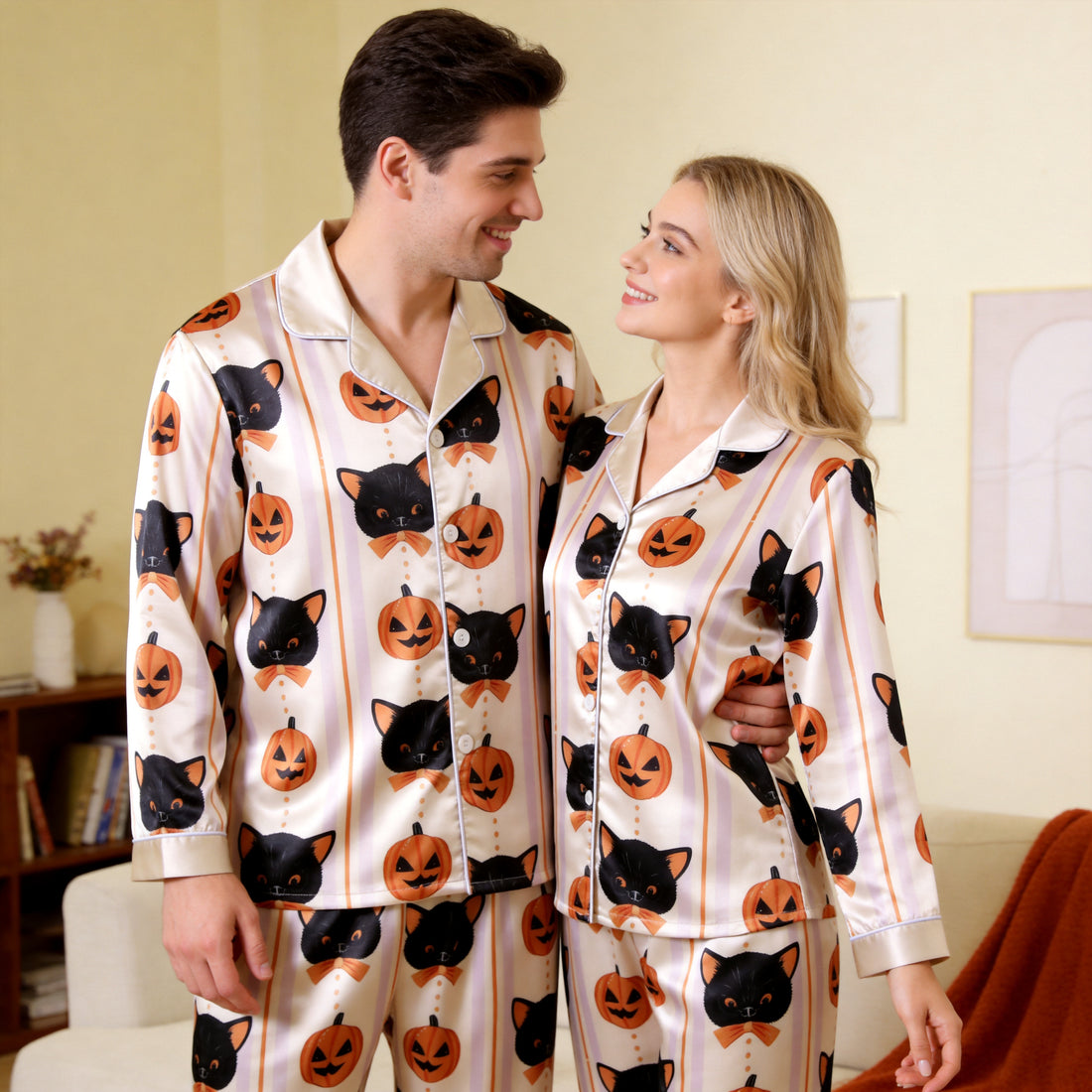 Spooky Halloween Black Cat & Pumpkin Print Satin Matching Pajamas for Couples – Long Sleeve Button-Down Top & Pants Sleepwear Set