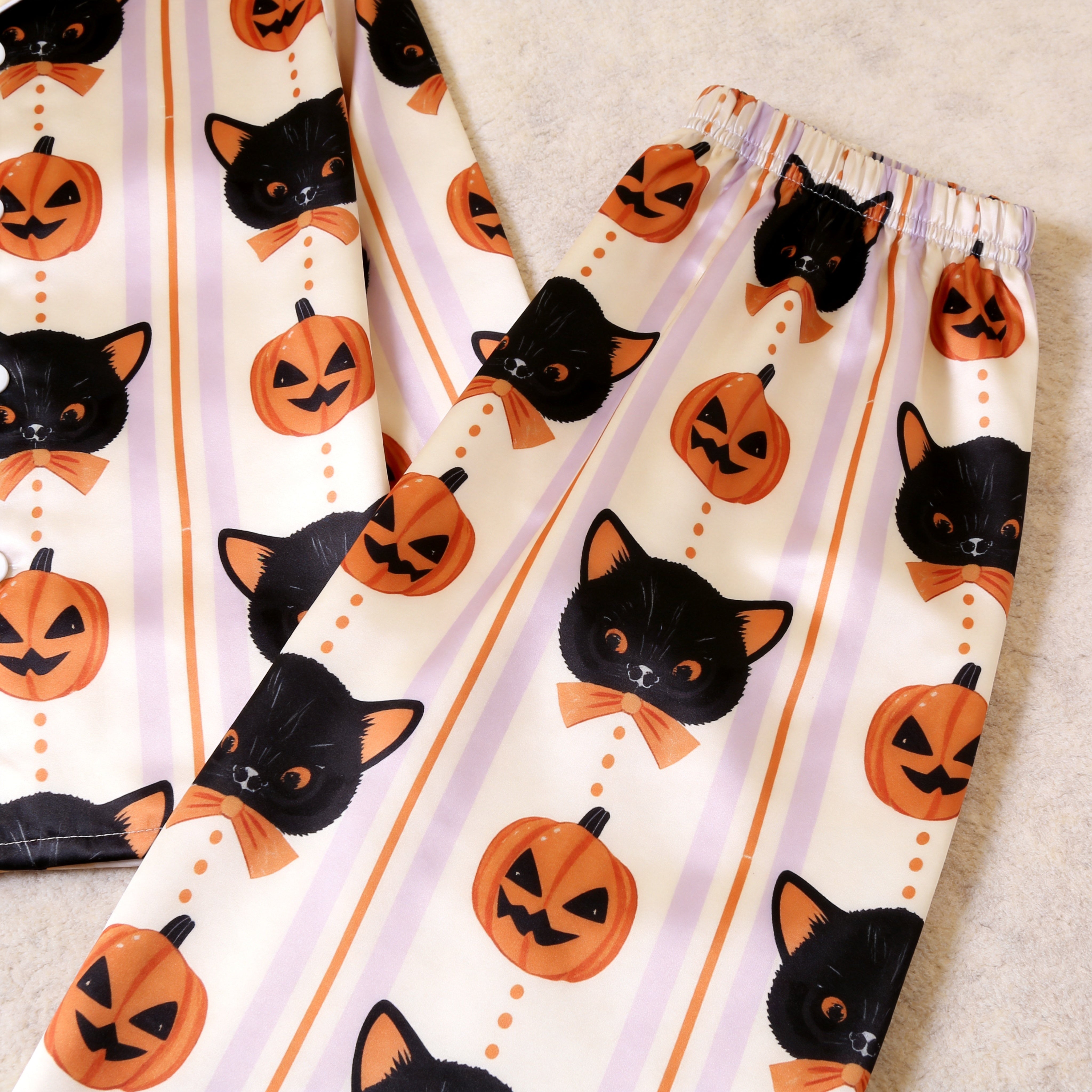 Spooky Halloween Black Cat & Pumpkin Print Satin Matching Pajamas for Couples – Long Sleeve Button-Down Top & Pants Sleepwear Set
