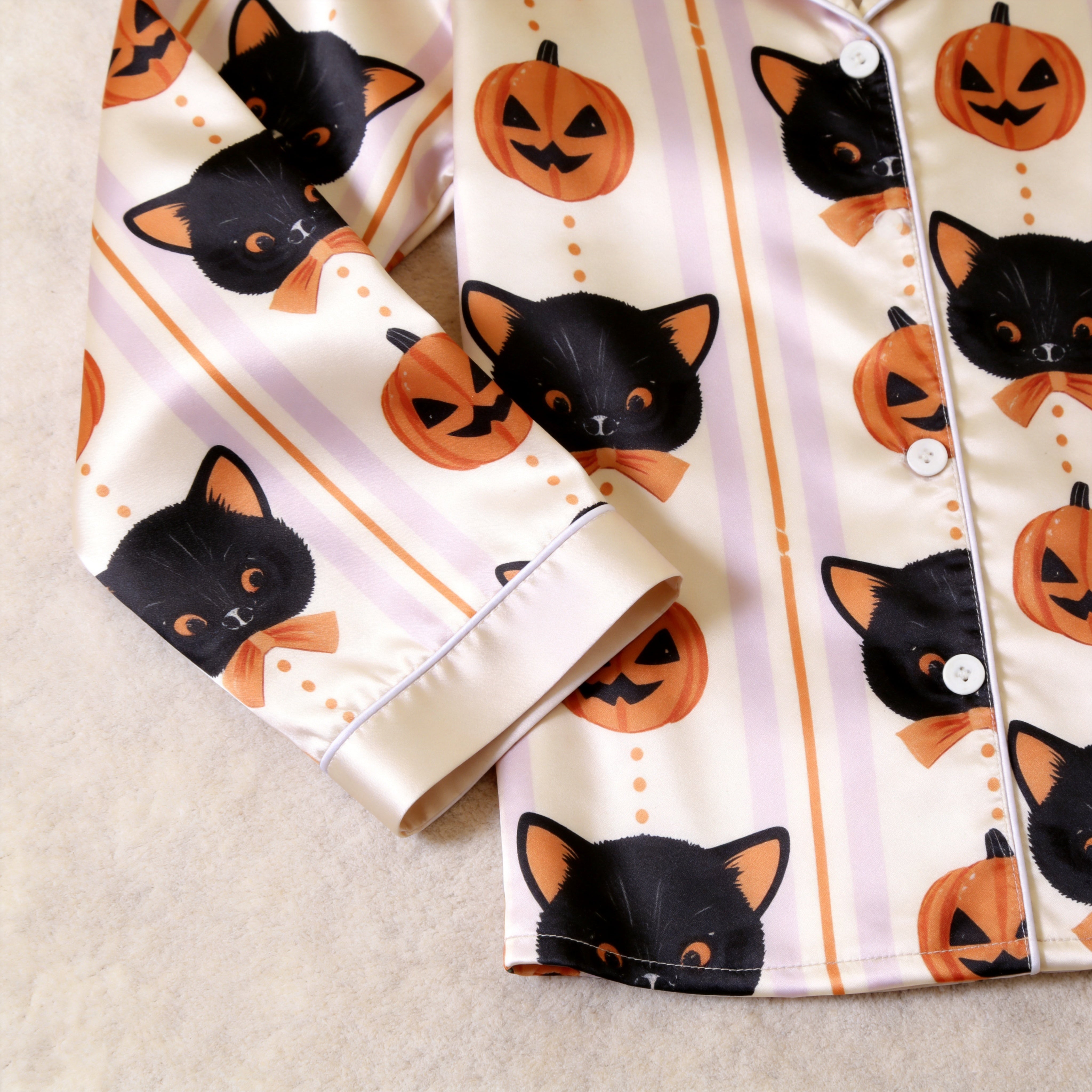 Spooky Halloween Black Cat & Pumpkin Print Satin Matching Pajamas for Couples – Long Sleeve Button-Down Top & Pants Sleepwear Set