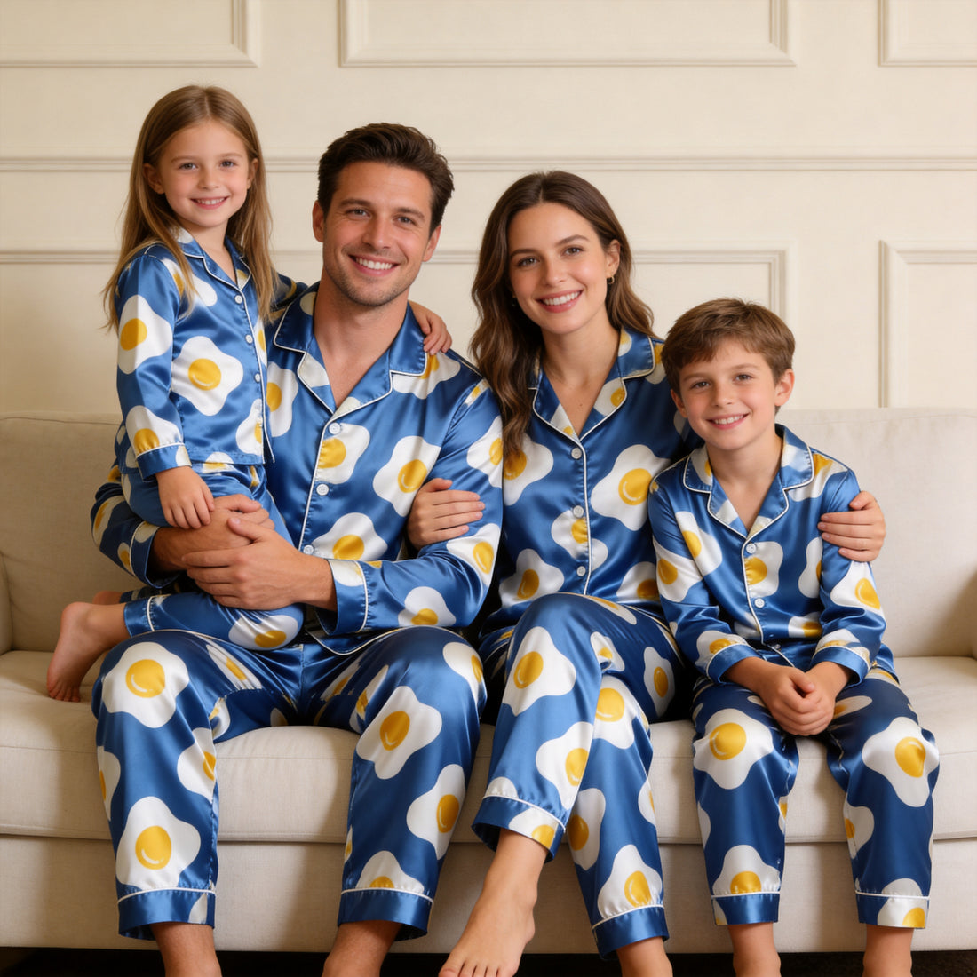 Blue Fried Egg Print Satin Button-Up Family Pajamas Set