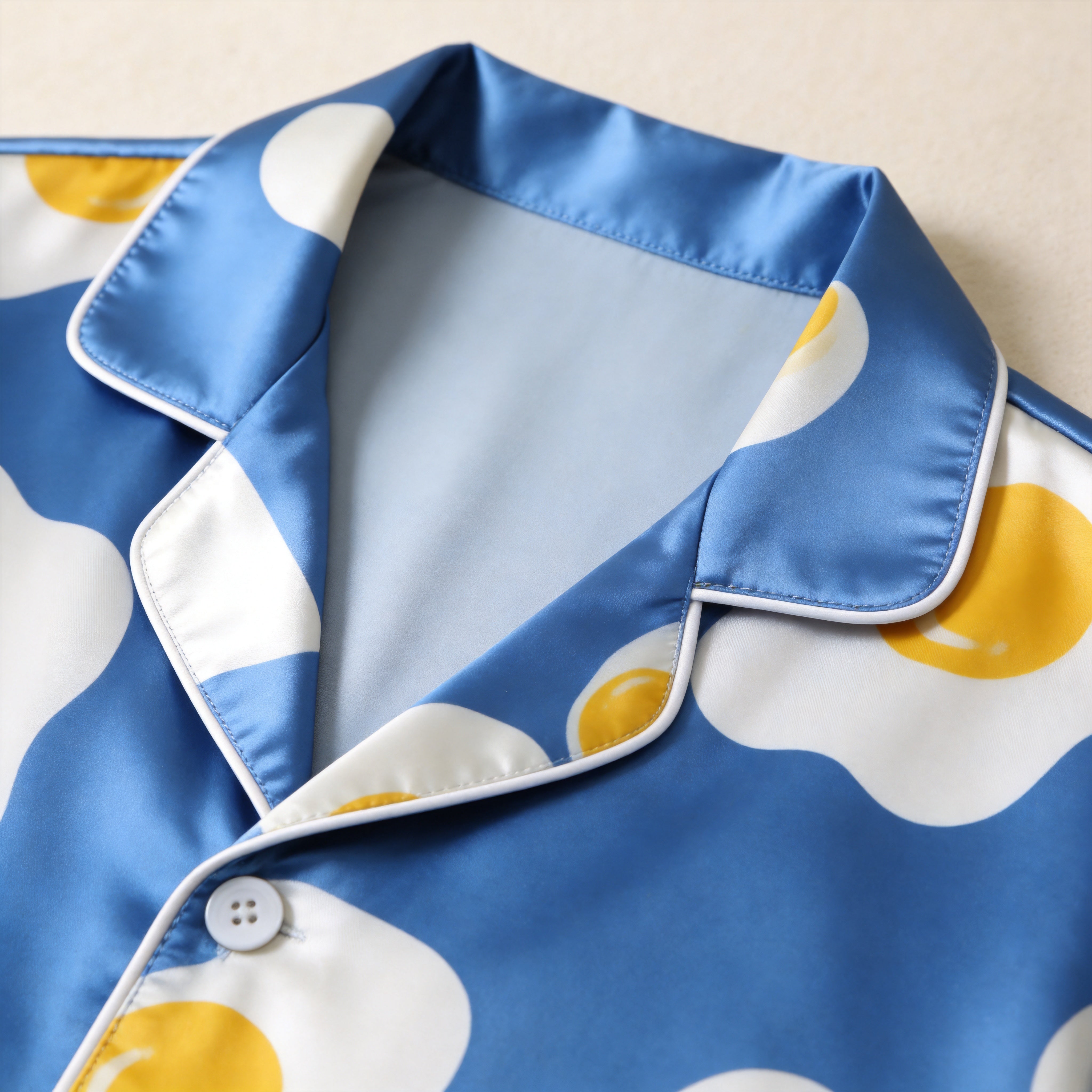 Playful Fried Egg Print Blue Satin Matching Pajamas for Couples – Long Sleeve Button-Down Top & Pants Sleepwear Set