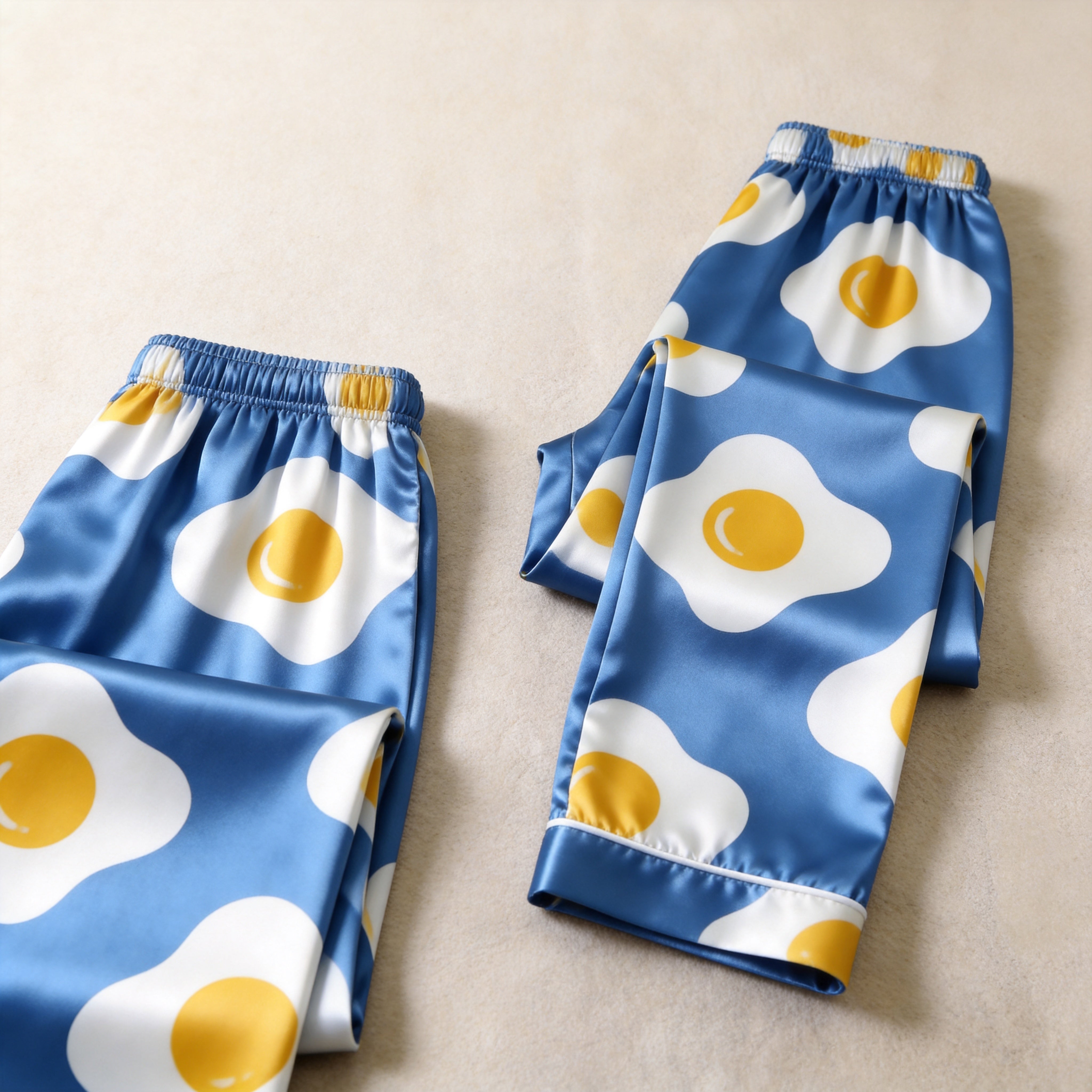 Playful Fried Egg Print Blue Satin Matching Pajamas for Couples – Long Sleeve Button-Down Top & Pants Sleepwear Set