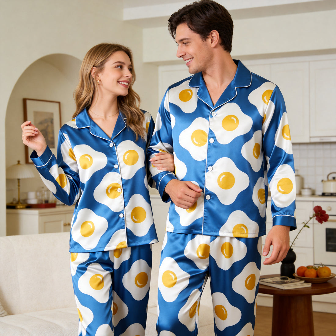 Playful Fried Egg Print Blue Satin Matching Pajamas for Couples – Long Sleeve Button-Down Top & Pants Sleepwear Set