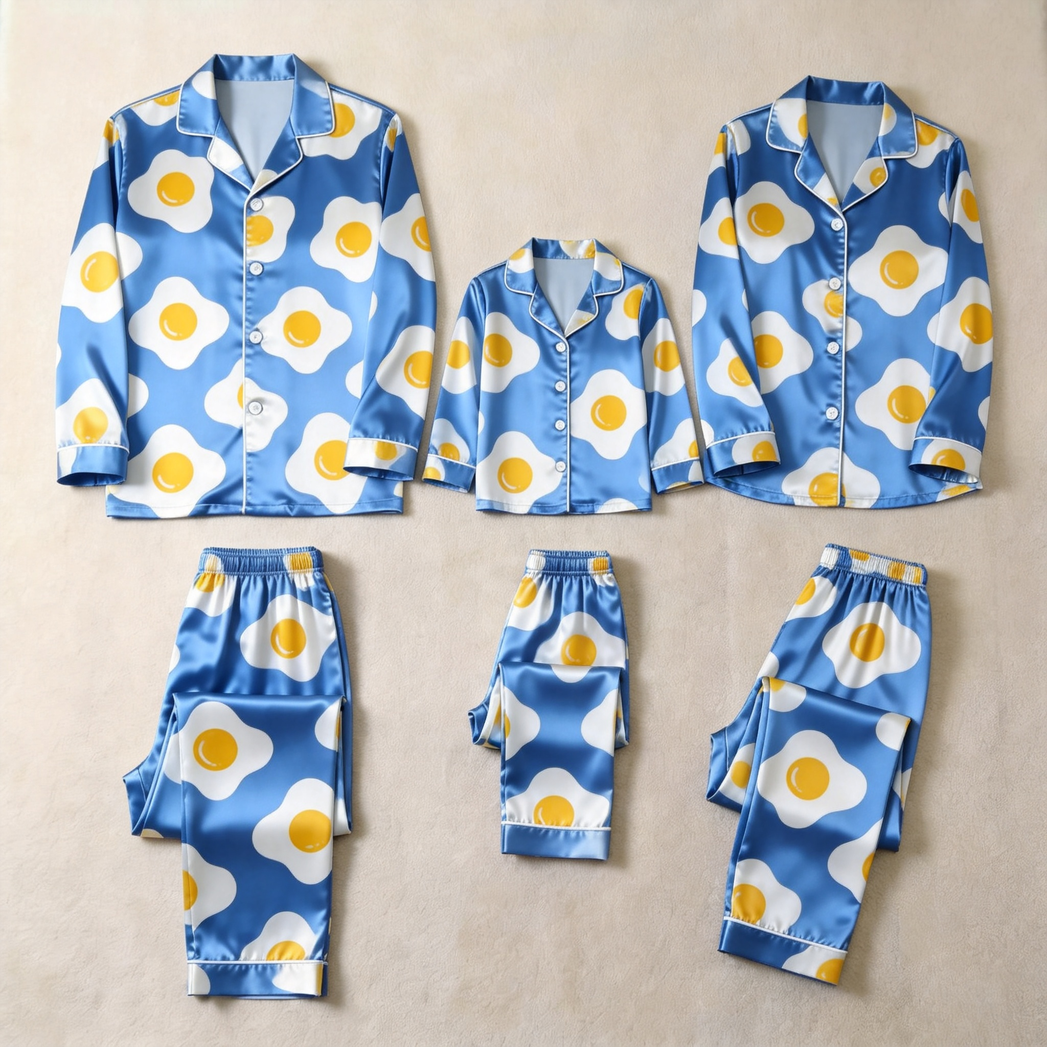 Blue Fried Egg Print Satin Button-Up Family Pajamas Set