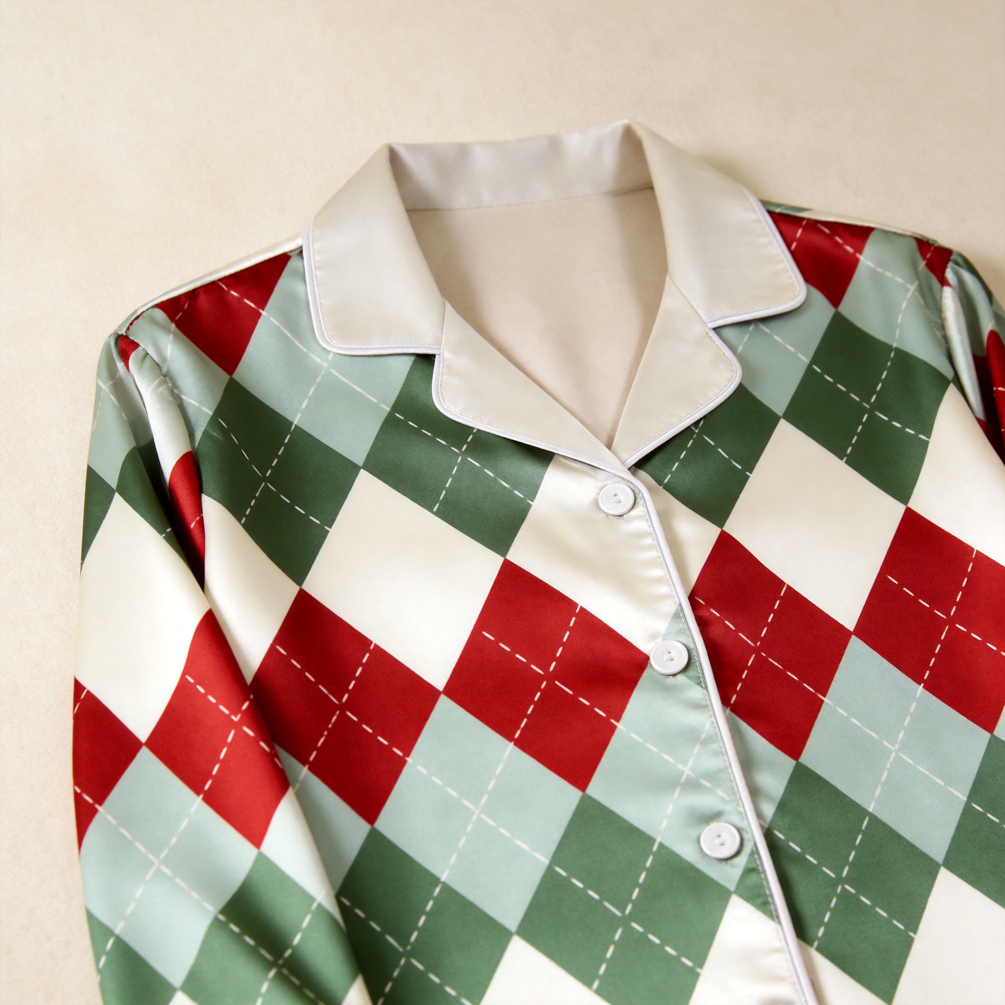 Red and Green Argyle Satin Button-Up Family Christmas Pajamas Set