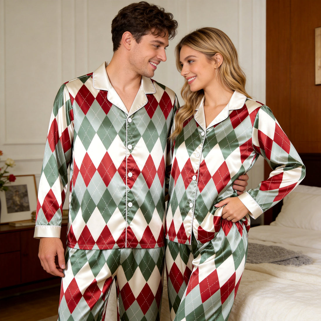 Classic Christmas Argyle Print Satin Matching Pajamas for Couples – Long Sleeve Button-Down Top & Pants Sleepwear Set