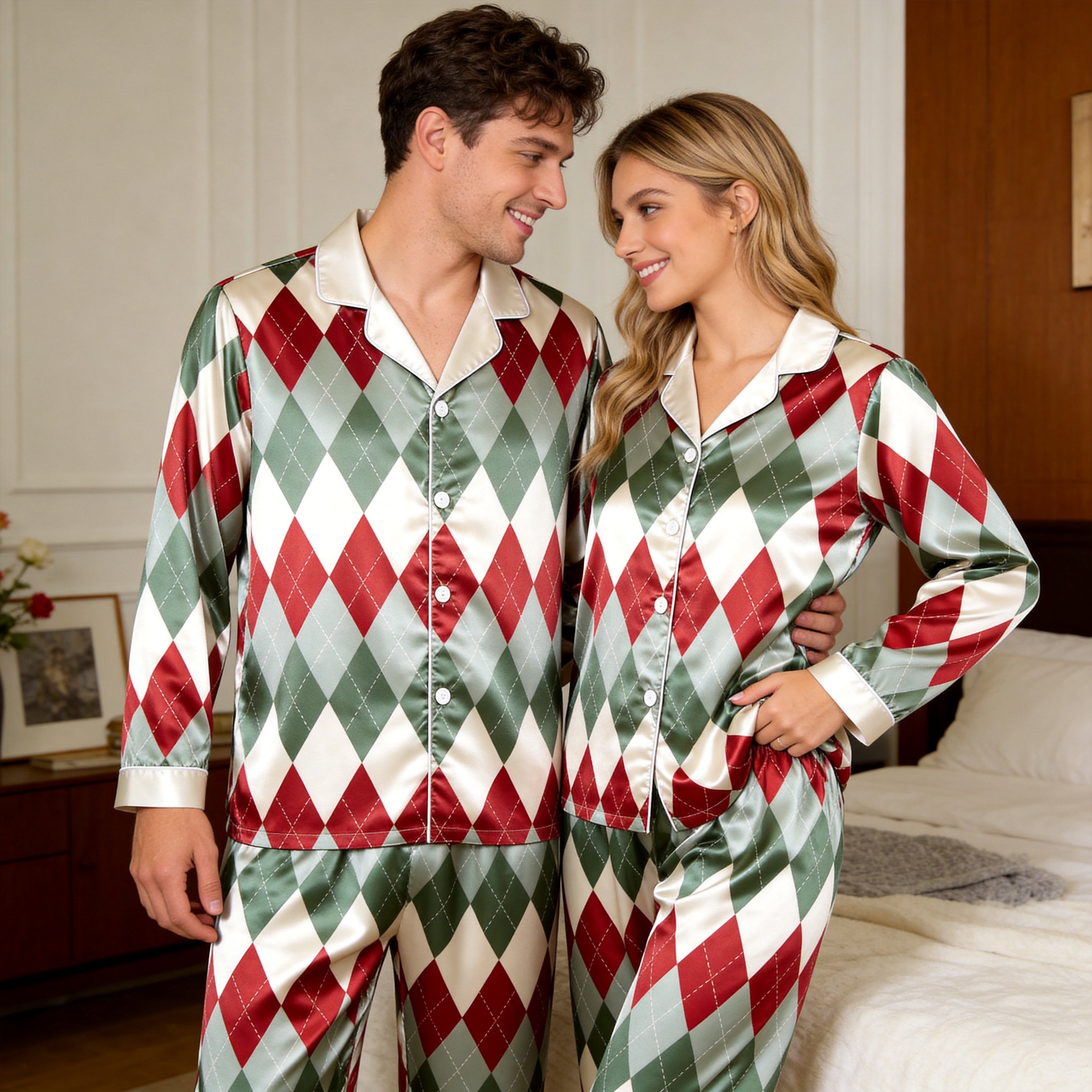 Classic Christmas Argyle Print Satin Matching Pajamas for Couples – Long Sleeve Button-Down Top & Pants Sleepwear Set