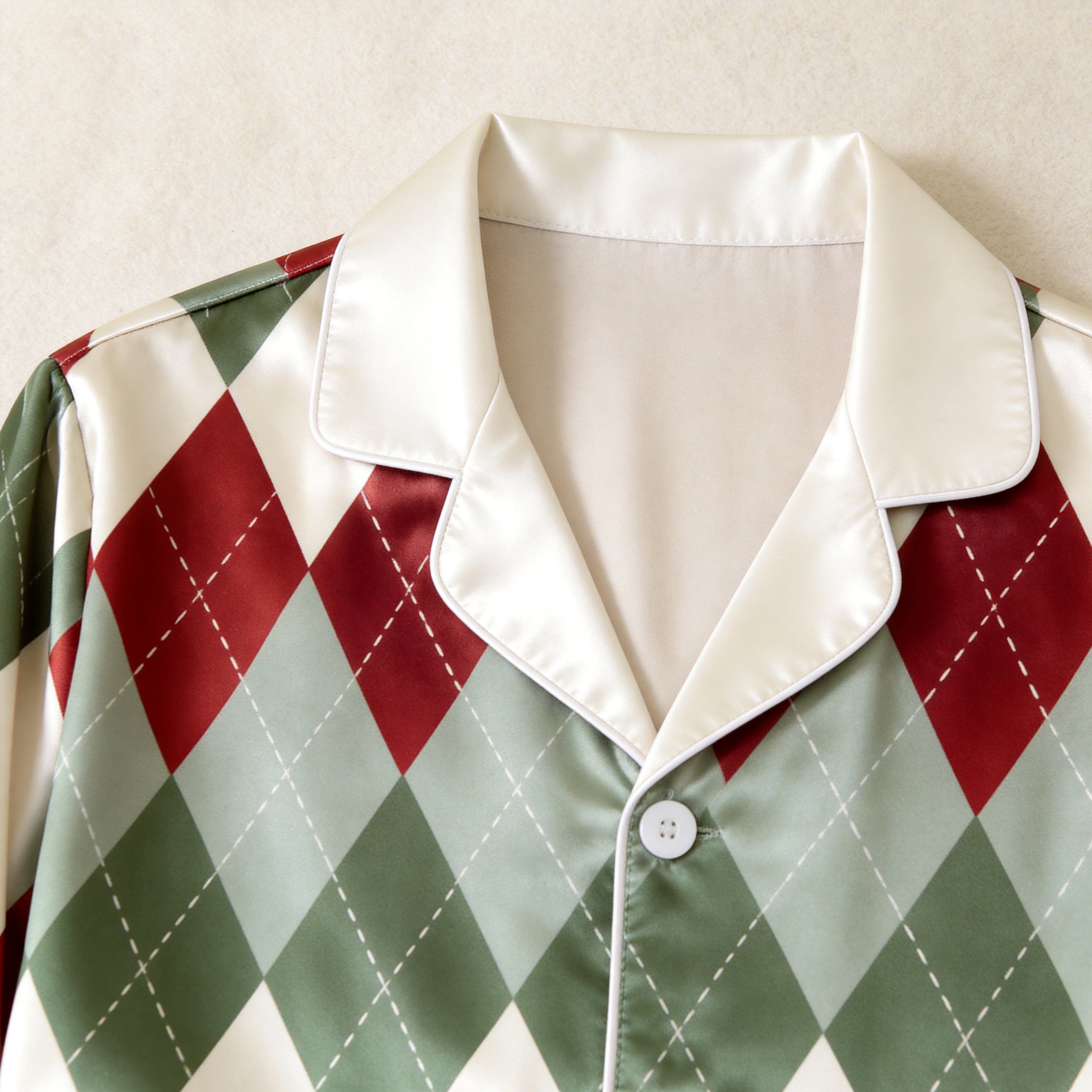 Classic Christmas Argyle Print Satin Matching Pajamas for Couples – Long Sleeve Button-Down Top & Pants Sleepwear Set