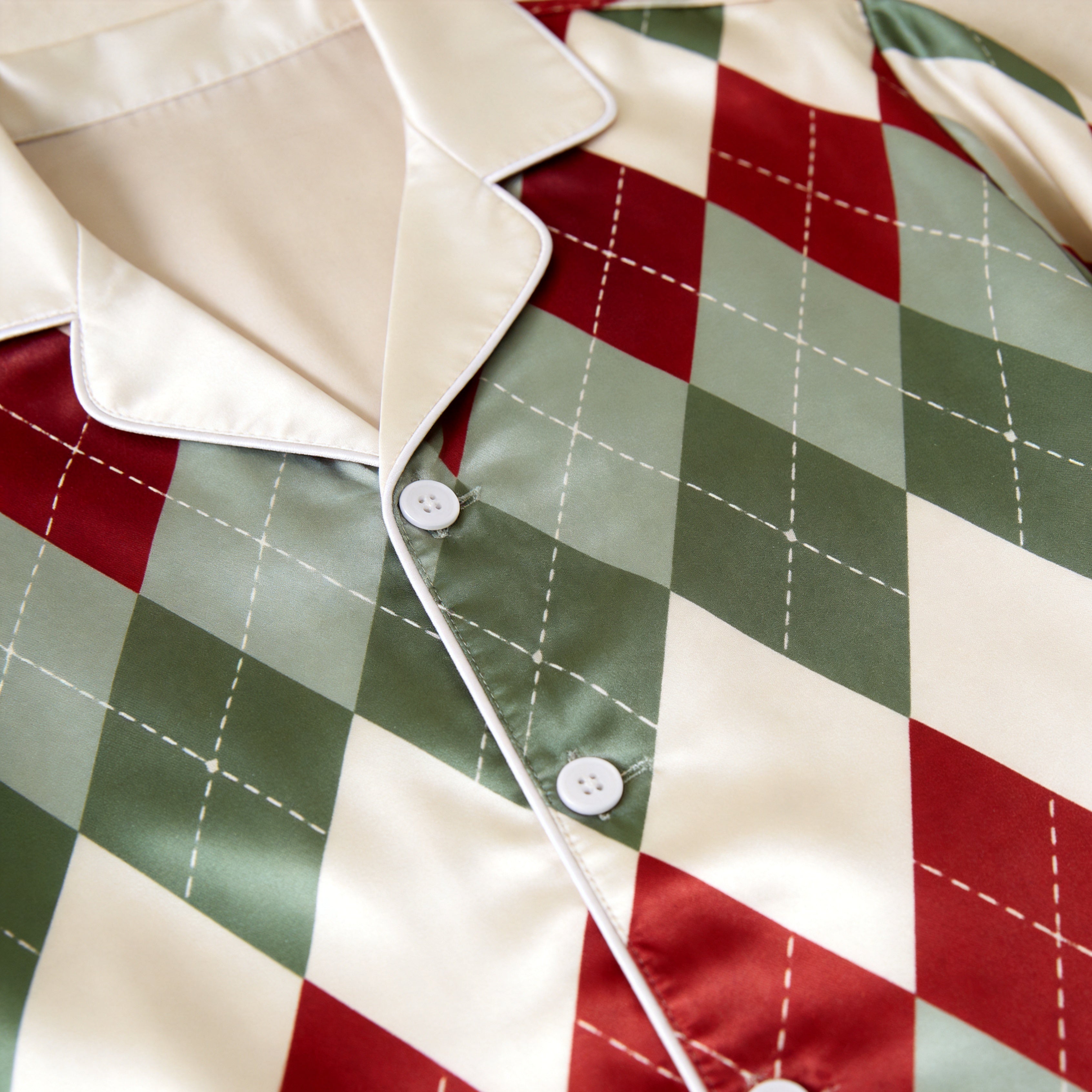 Classic Christmas Argyle Print Satin Matching Pajamas for Couples – Long Sleeve Button-Down Top & Pants Sleepwear Set