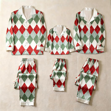 Red and Green Argyle Satin Button-Up Family Christmas Pajamas Set