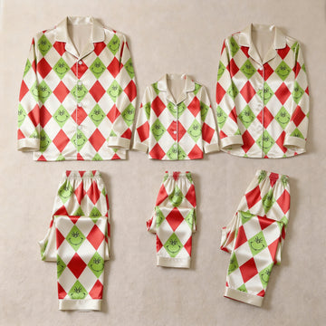Red and Green Argyle Print Satin Button-Up Family Christmas Pajamas Set
