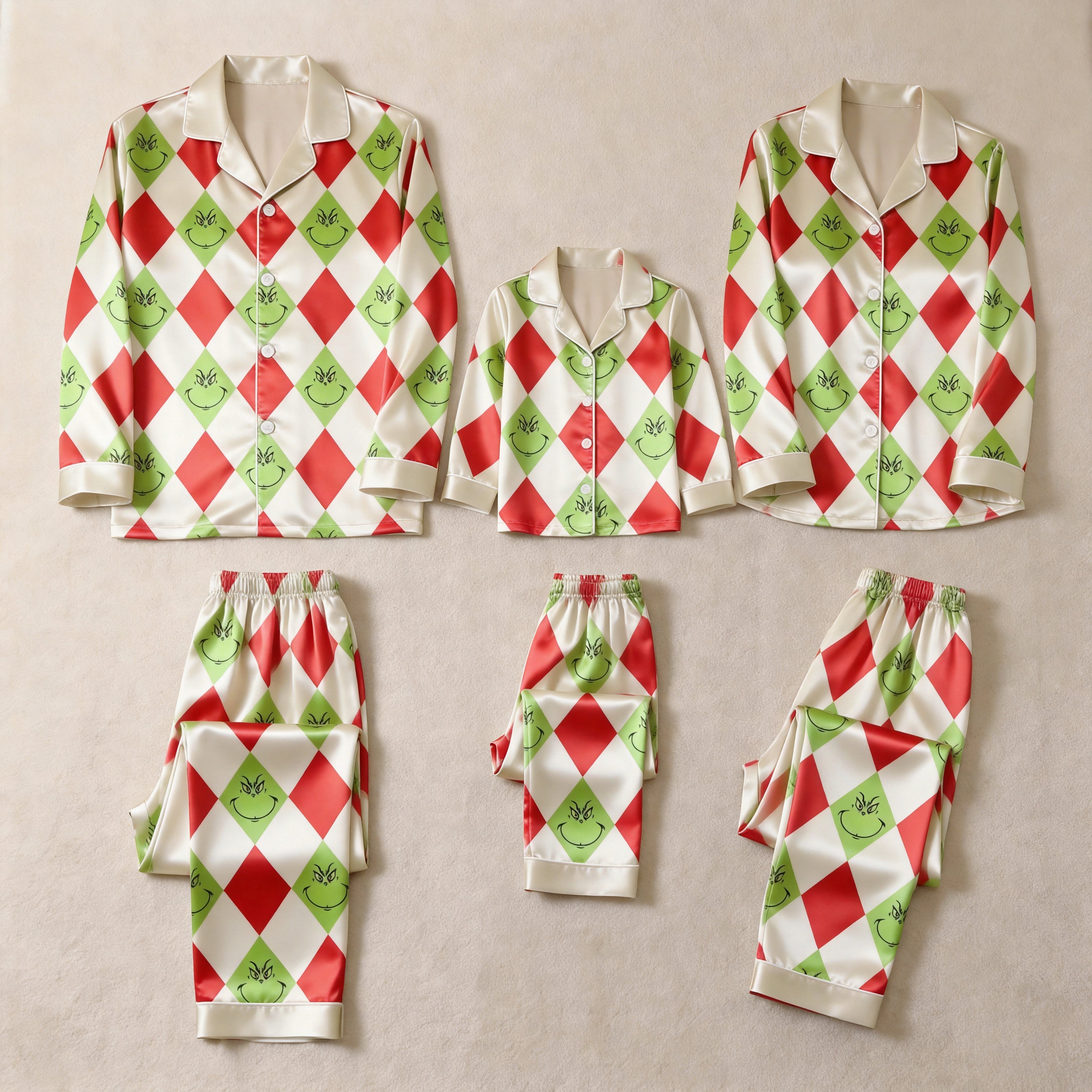 Red and Green Argyle Print Satin Button-Up Family Christmas Pajamas Set