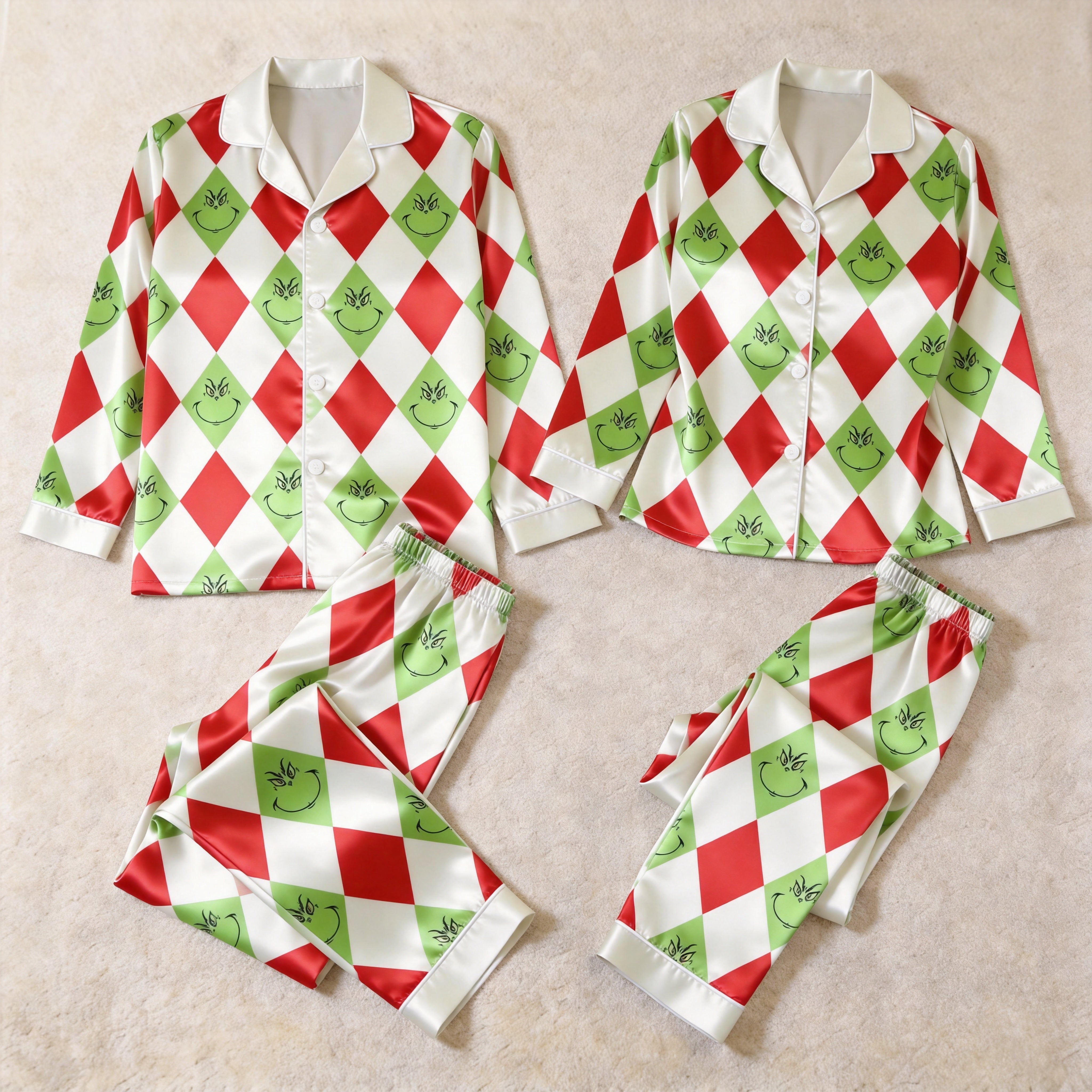Funny Christmas Green Face Argyle Print Satin Matching Pajamas for Couples – Long Sleeve Button-Down Top & Pants Sleepwear Set