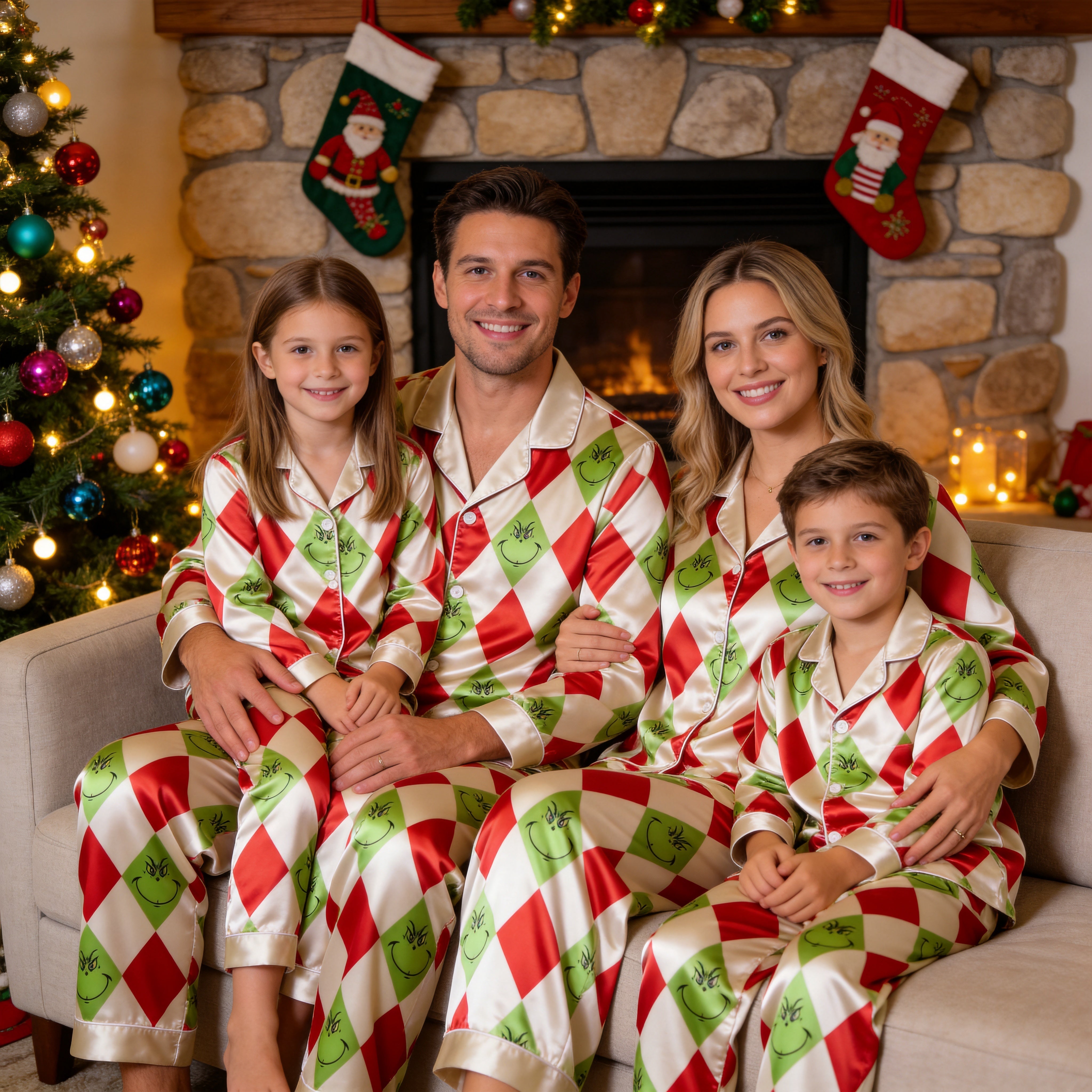 Red and Green Argyle Print Satin Button-Up Family Christmas Pajamas Set