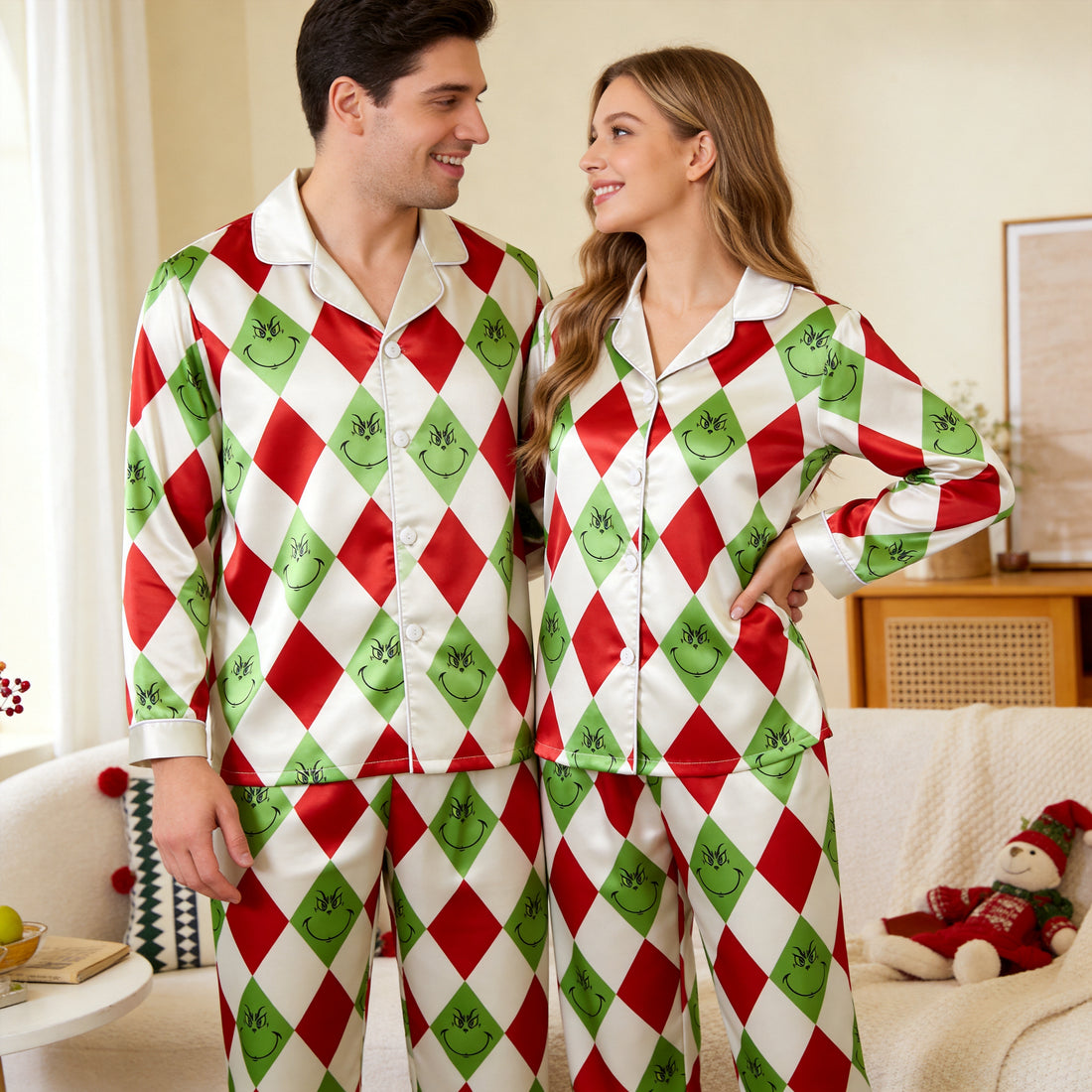 Funny Christmas Green Face Argyle Print Satin Matching Pajamas for Couples – Long Sleeve Button-Down Top & Pants Sleepwear Set