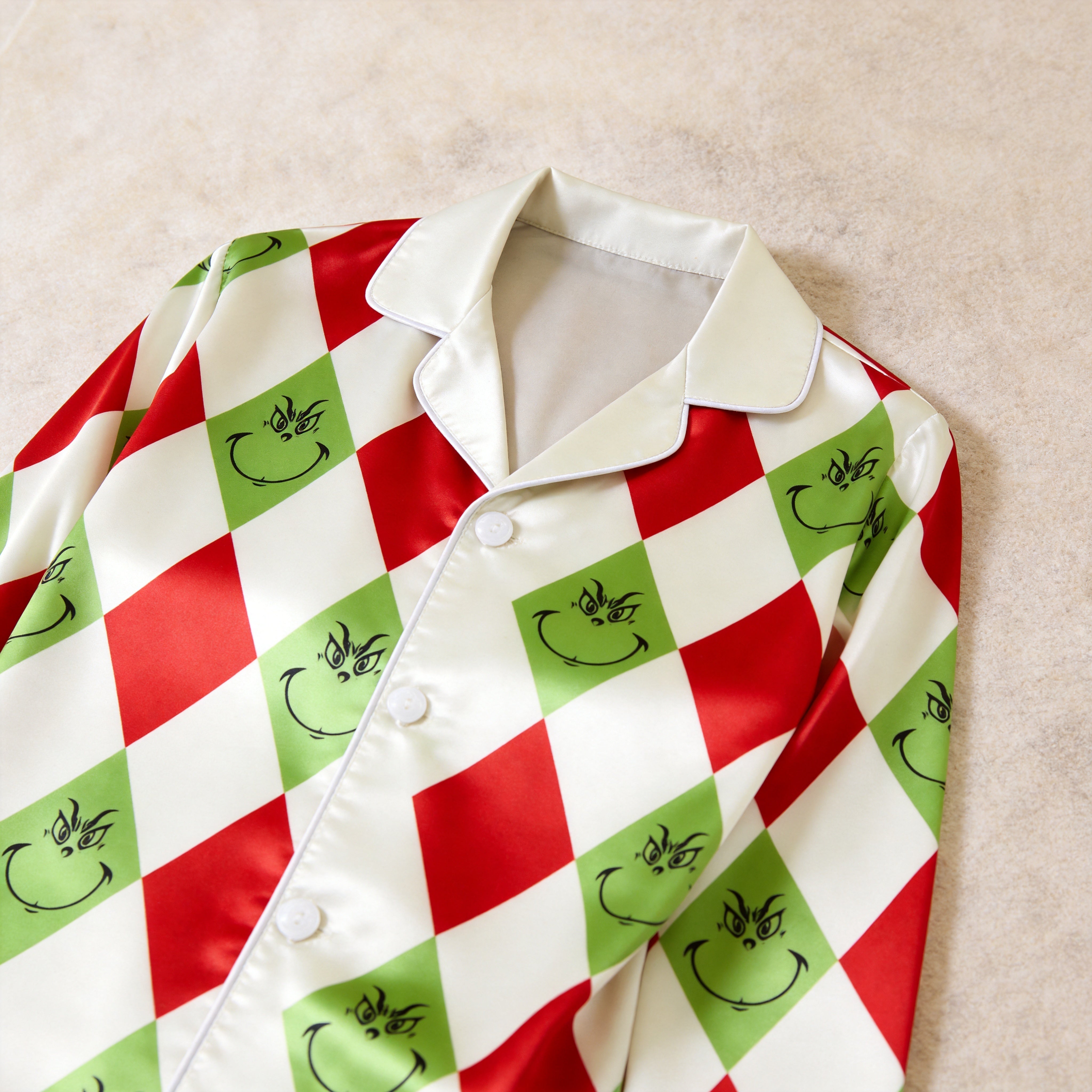 Red and Green Argyle Print Satin Button-Up Family Christmas Pajamas Set