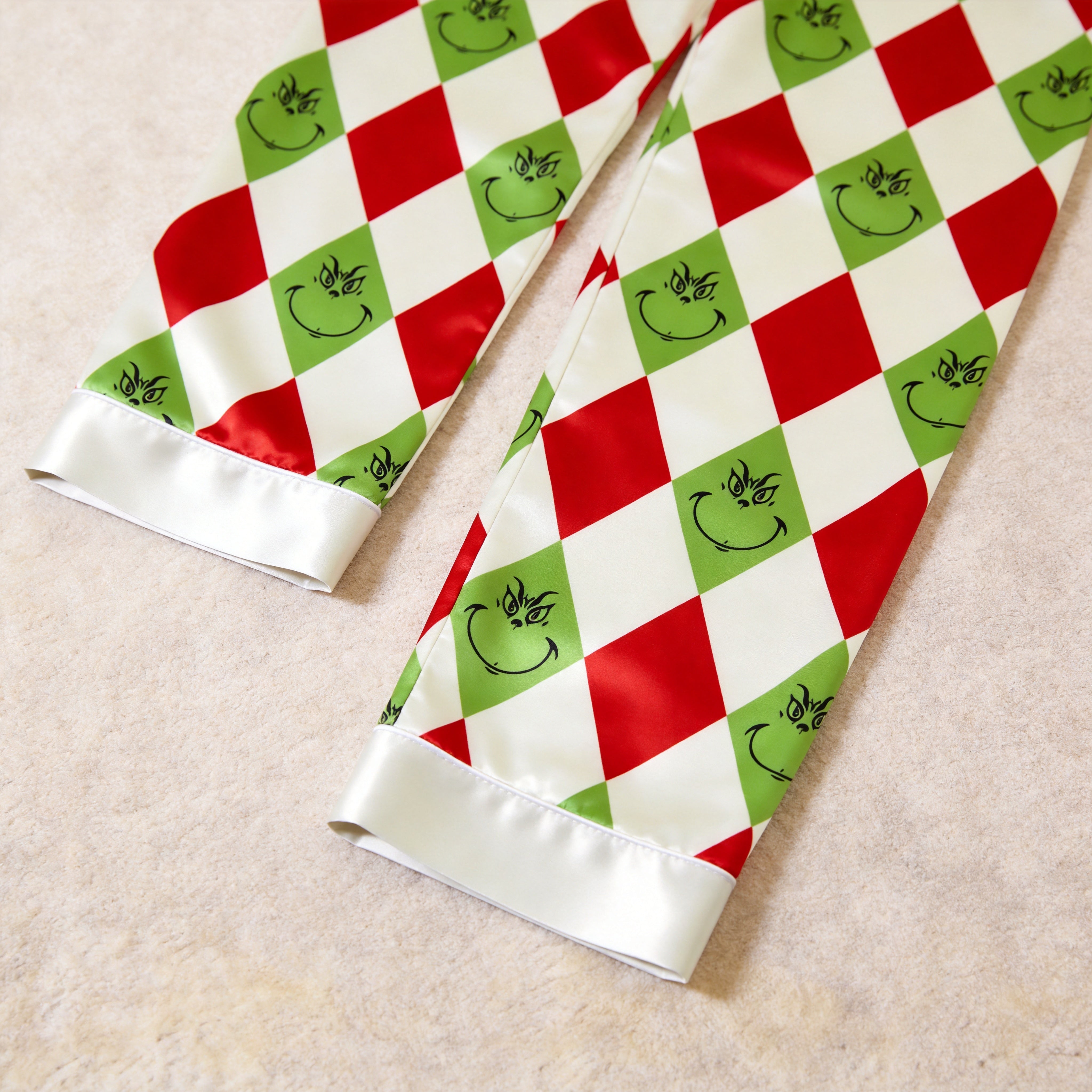 Funny Christmas Green Face Argyle Print Satin Matching Pajamas for Couples – Long Sleeve Button-Down Top & Pants Sleepwear Set