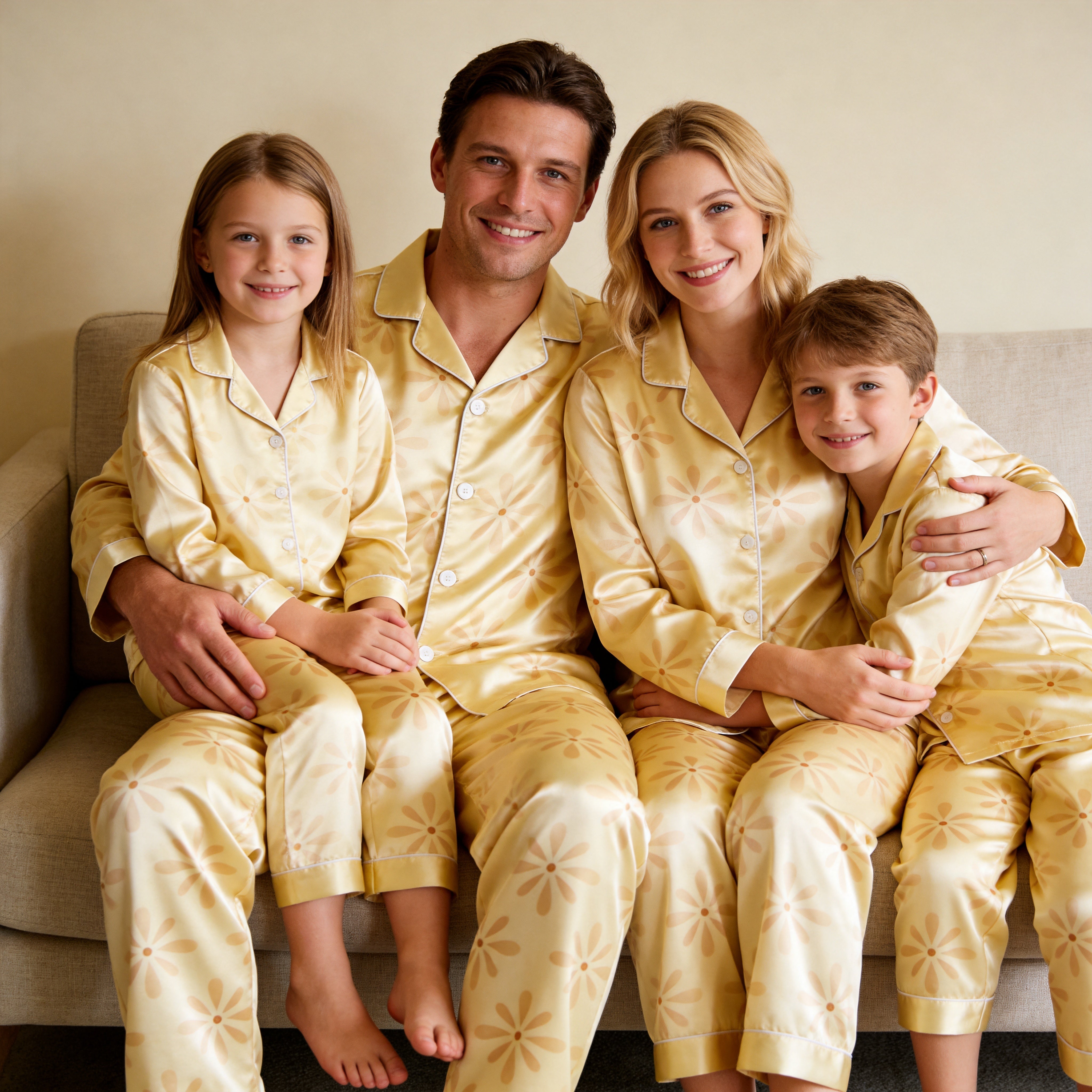 Yellow Daisy Print Satin Button-Up Family Pajamas Set